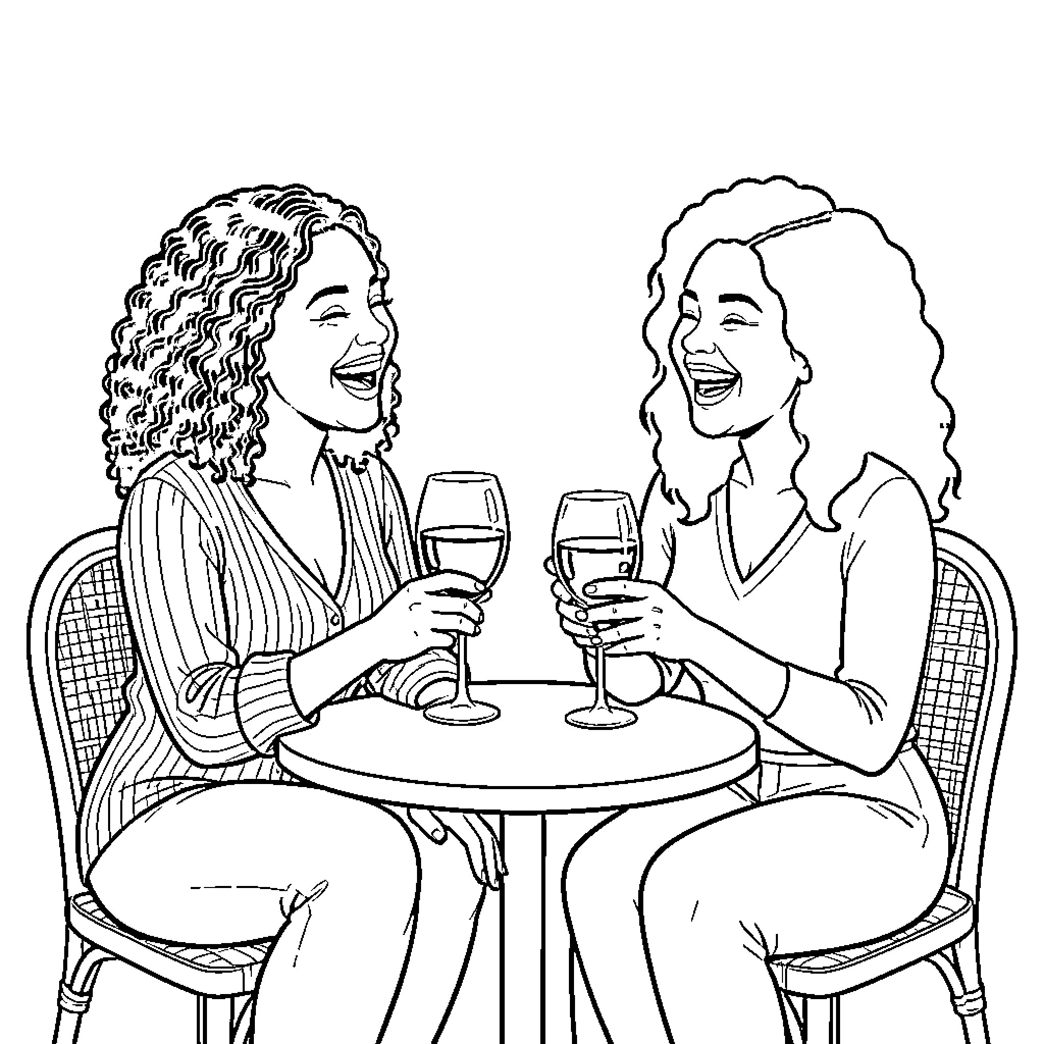 Woman Sharing a Drink with Friend at Cafe Coloring Page (free black-and-white line drawing printable PDF for all, from beginners to advanced learners, including children, teens, adults, and seniors)