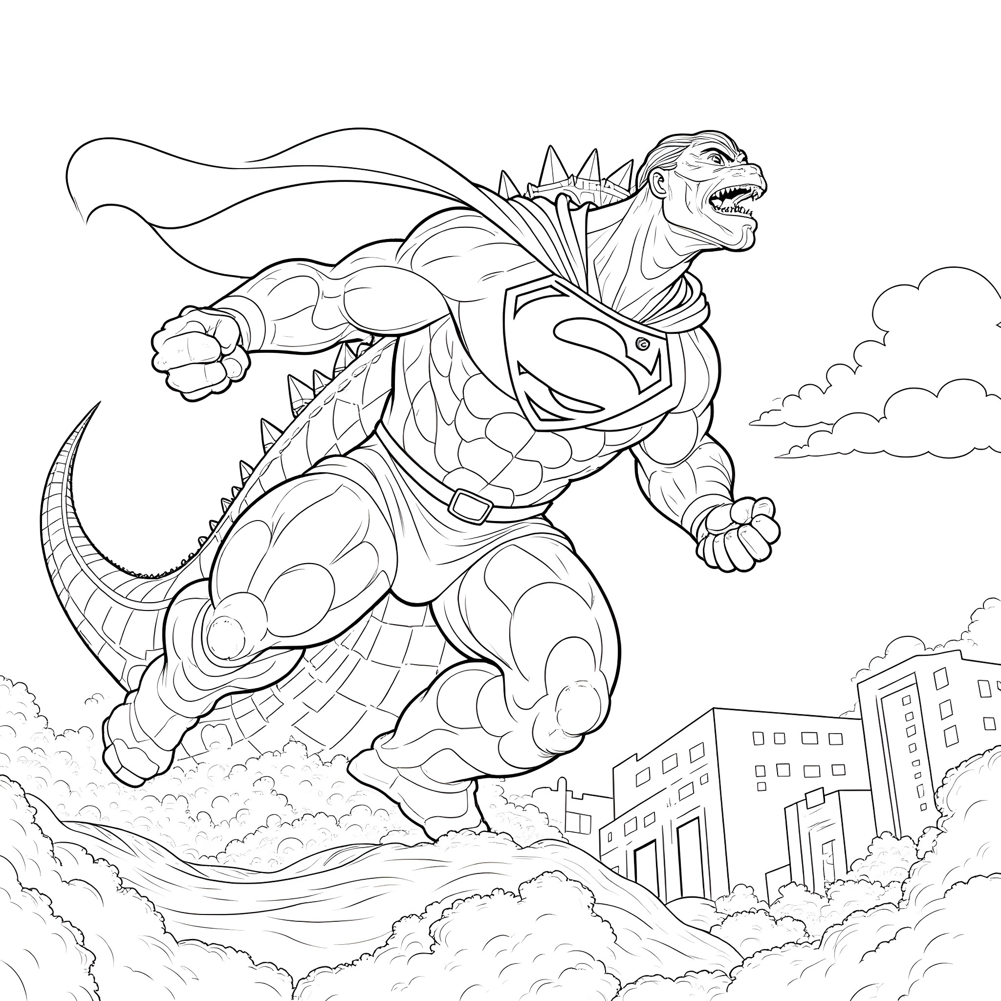 Superman-like Creature Soaring Over City Coloring Page (free black-and-white line drawing printable PDF for all, from beginners to advanced learners, including children, teens, adults, and seniors)