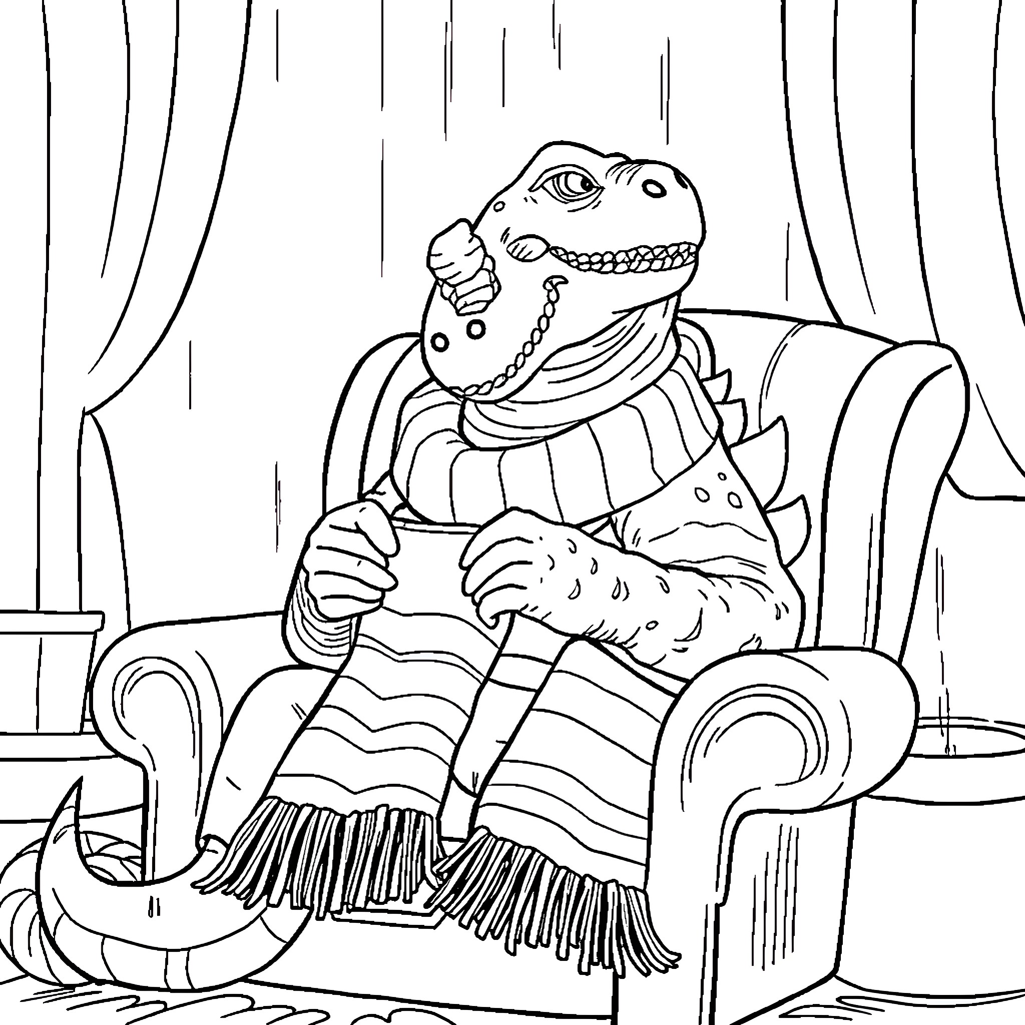 Godzilla relaxing in a cozy armchair Coloring Page (free black-and-white line drawing printable PDF for all, from beginners to advanced learners, including children, teens, adults, and seniors)