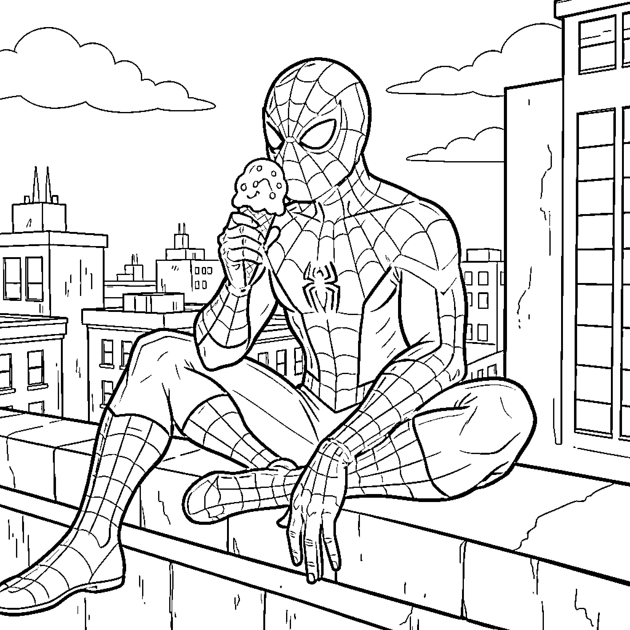 Spiderman Relaxing on a Rooftop in the City Coloring Page (free black-and-white line drawing printable PDF for all, from beginners to advanced learners, including children, teens, adults, and seniors)