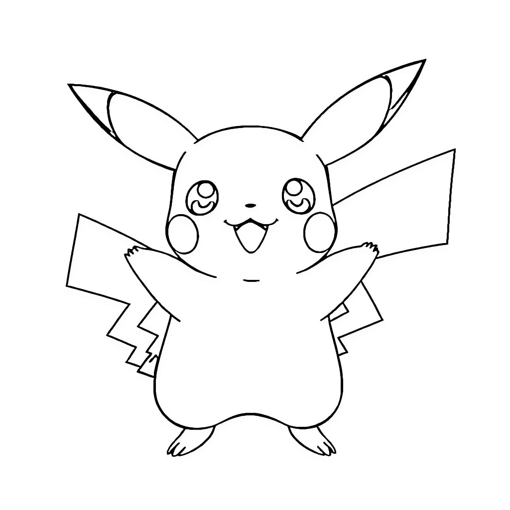 Pikachu cheerfully waving and smiling Coloring Page (free black-and-white line drawing printable PDF for all, from beginners to advanced learners, including children, teens, adults, and seniors)