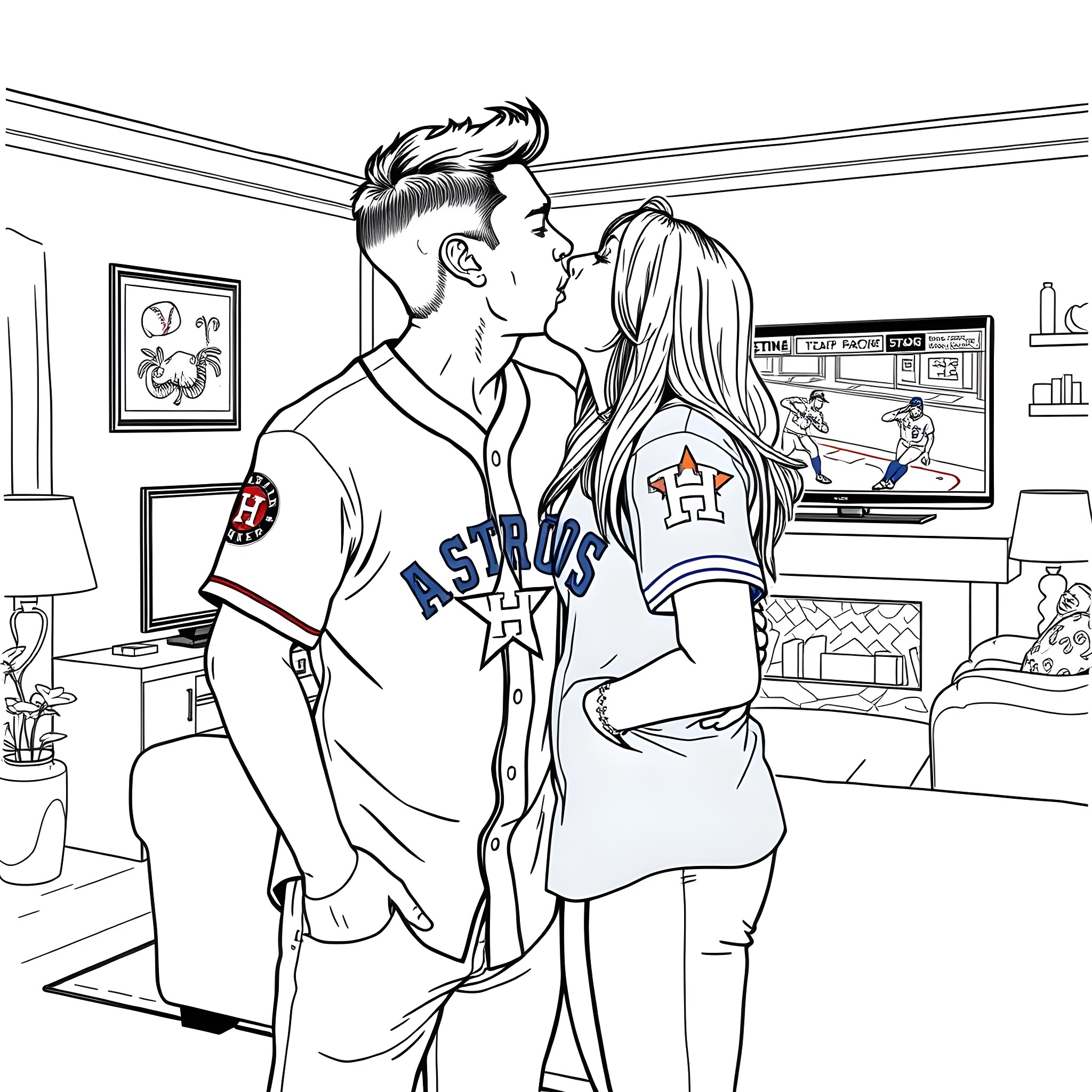 Wife Sharing a Loving Moment with Husband in Their Sports-Themed Room Coloring Page (free black-and-white line drawing printable PDF for all, from beginners to advanced learners, including children, teens, adults, and seniors)