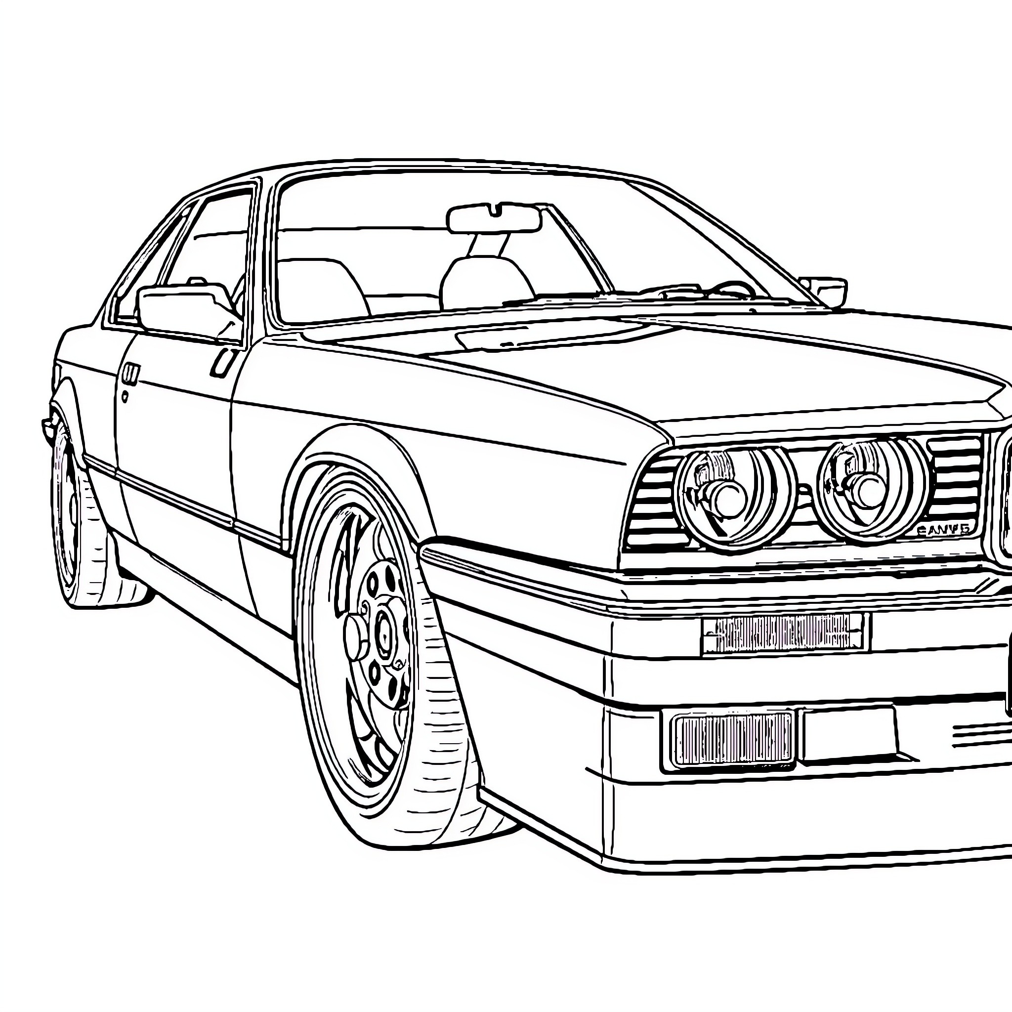 BMW Sports Sedan on the Road Coloring Page (free black-and-white line drawing printable PDF for all, from beginners to advanced learners, including children, teens, adults, and seniors)