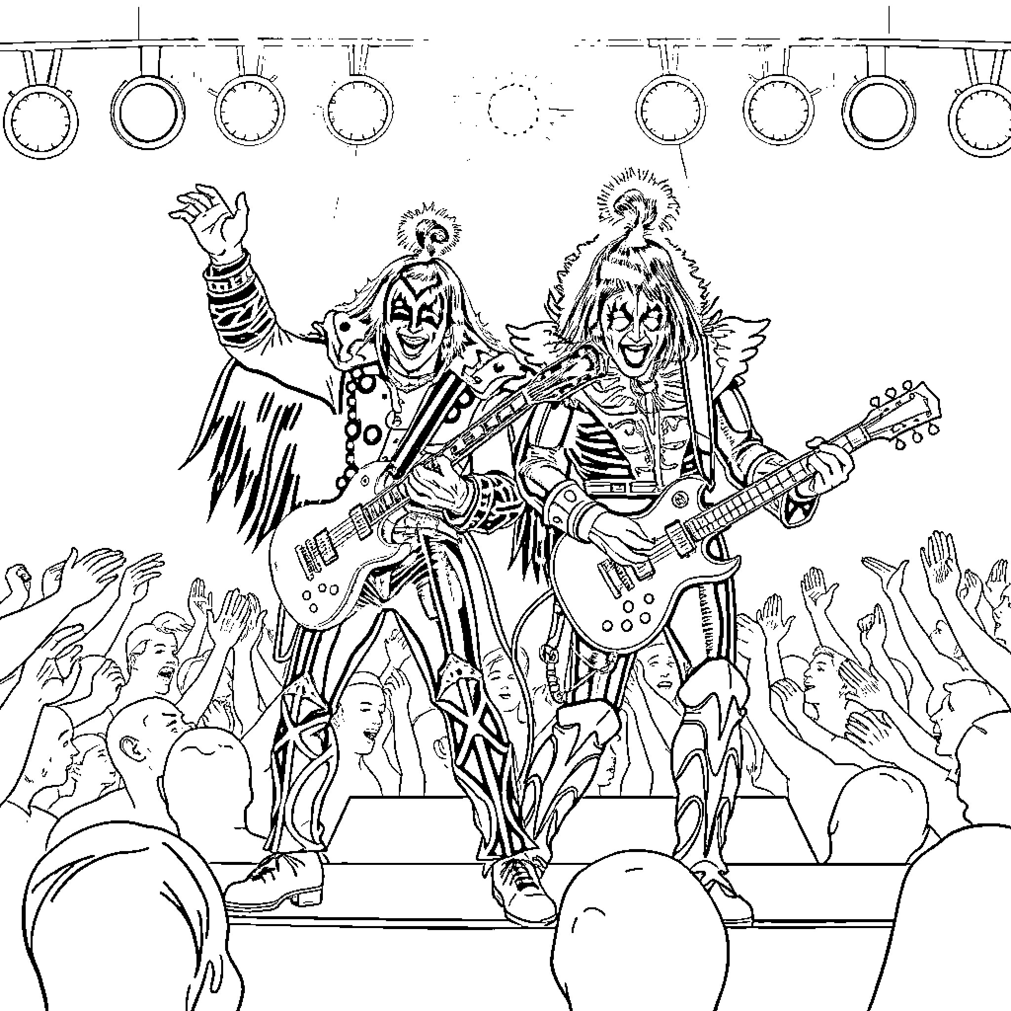 Paul Stanley's Energetic Rock Concert Performance Coloring Page (free black-and-white line drawing printable PDF for all, from beginners to advanced learners, including children, teens, adults, and seniors)