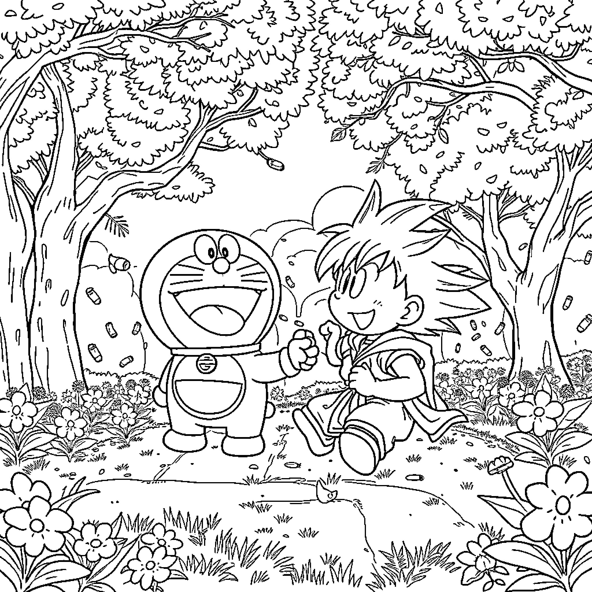 Doraemon and Nobita exploring the forest Coloring Page (free black-and-white line drawing printable PDF for all, from beginners to advanced learners, including children, teens, adults, and seniors)