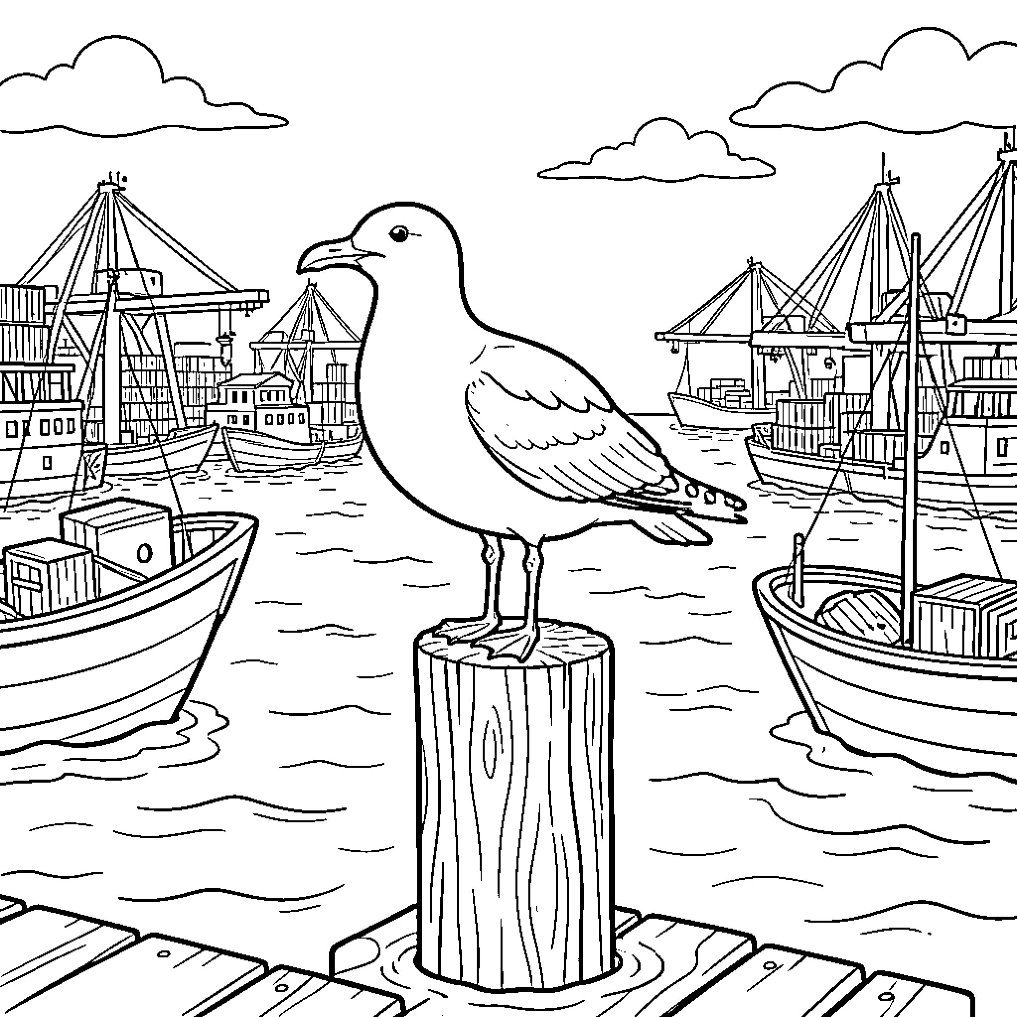 Seagull standing calmly on a wooden pier Coloring Page (free black-and-white line drawing printable PDF for all, from beginners to advanced learners, including children, teens, adults, and seniors)