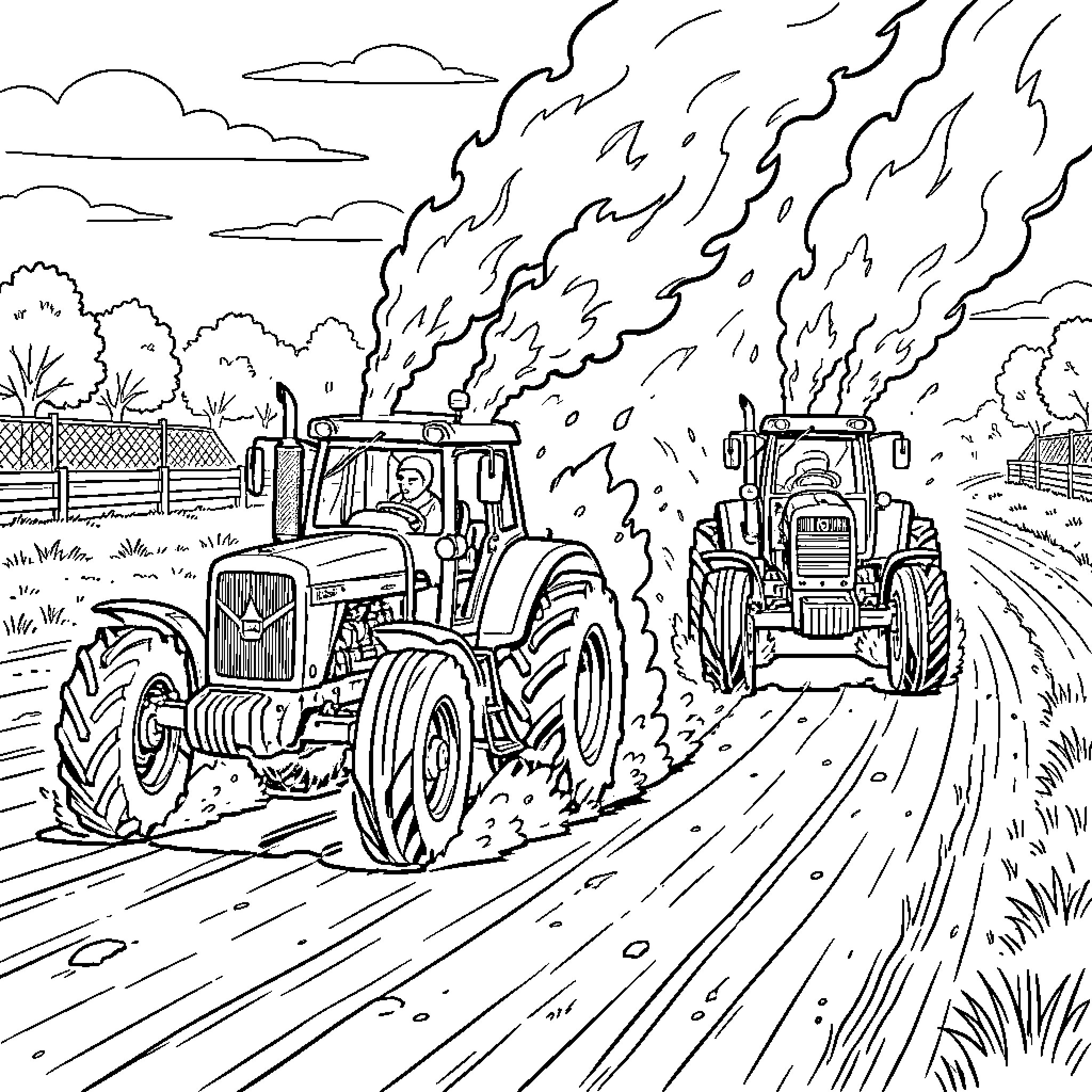 Tractor plowing through fields on a countryside road Coloring Page (free black-and-white line drawing printable PDF for all, from beginners to advanced learners, including children, teens, adults, and seniors)