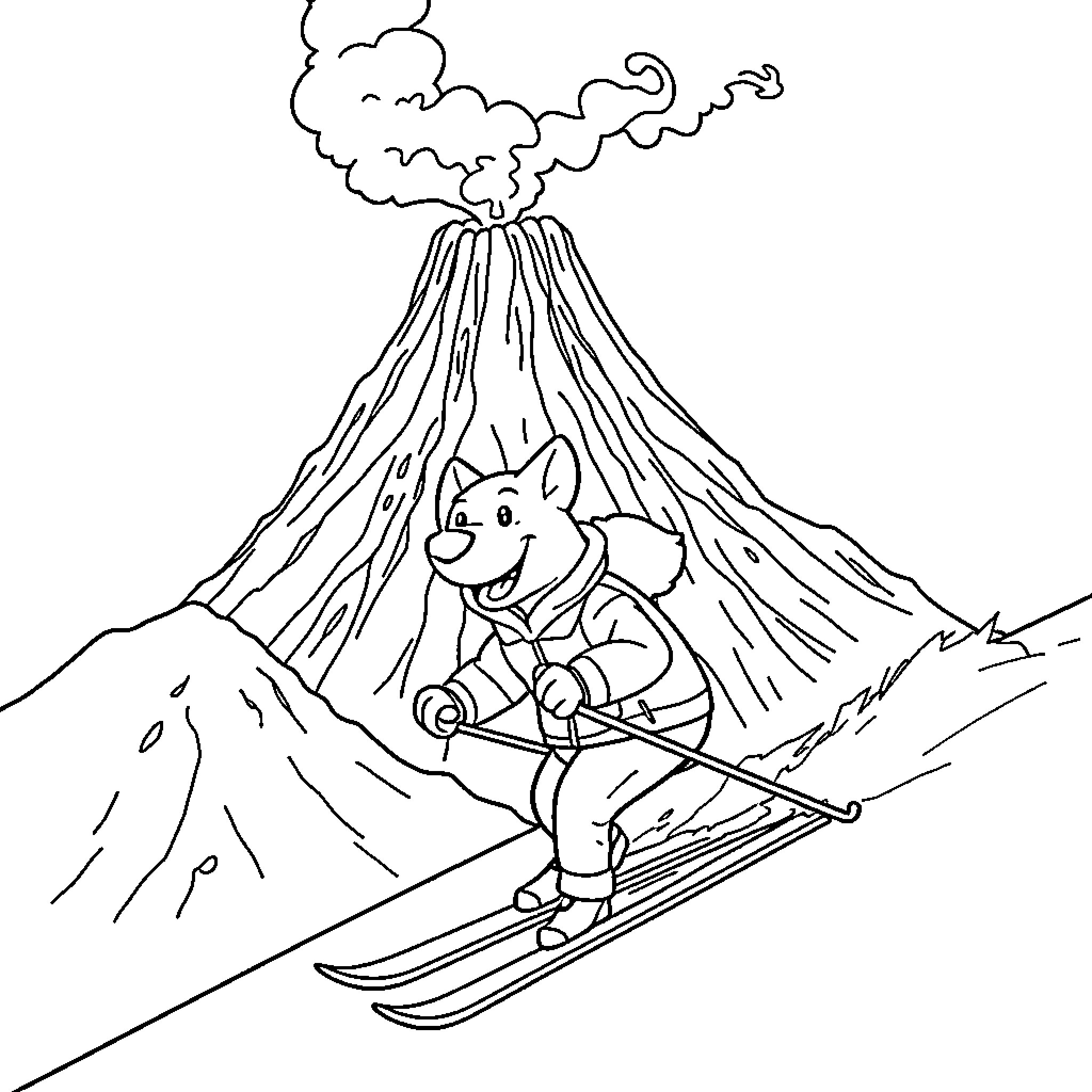 Dog skiing down a snowy mountain with volcano Coloring Page (free black-and-white line drawing printable PDF for all, from beginners to advanced learners, including children, teens, adults, and seniors)
