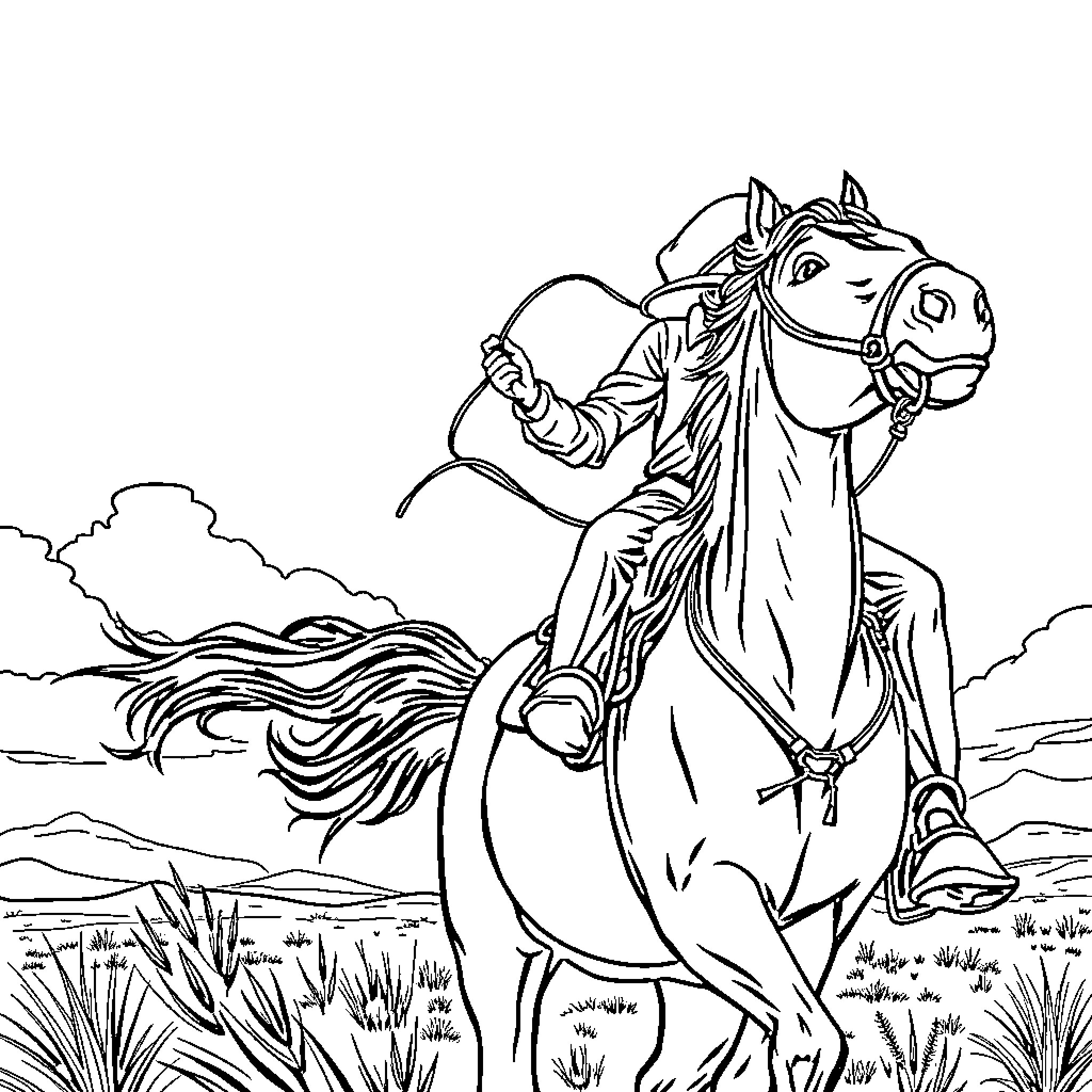 Cowboy riding a wild horse across the prairie Coloring Page (free black-and-white line drawing printable PDF for all, from beginners to advanced learners, including children, teens, adults, and seniors)