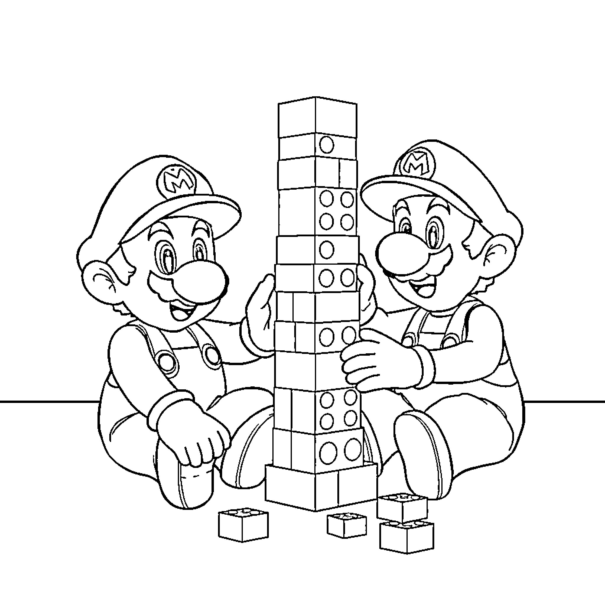 Mario and Luigi Building a Tower of Blocks Coloring Page (free black-and-white line drawing printable PDF for all, from beginners to advanced learners, including children, teens, adults, and seniors)