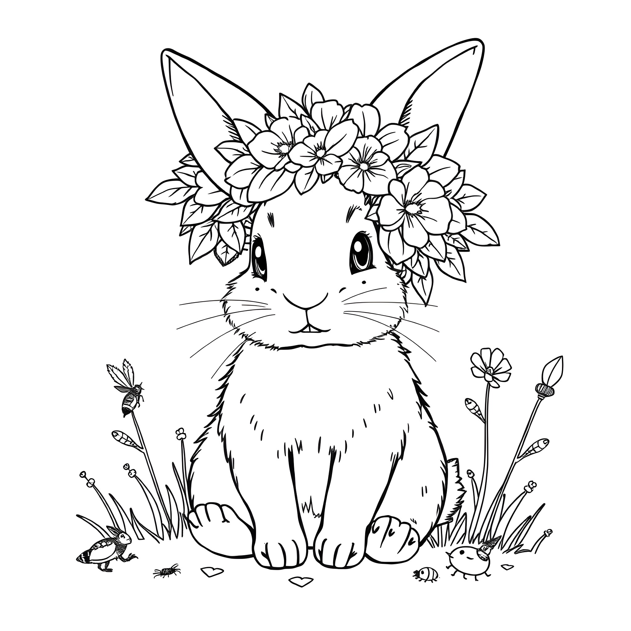 Bunny with a floral crown in nature Coloring Page (free black-and-white line drawing printable PDF for all, from beginners to advanced learners, including children, teens, adults, and seniors)