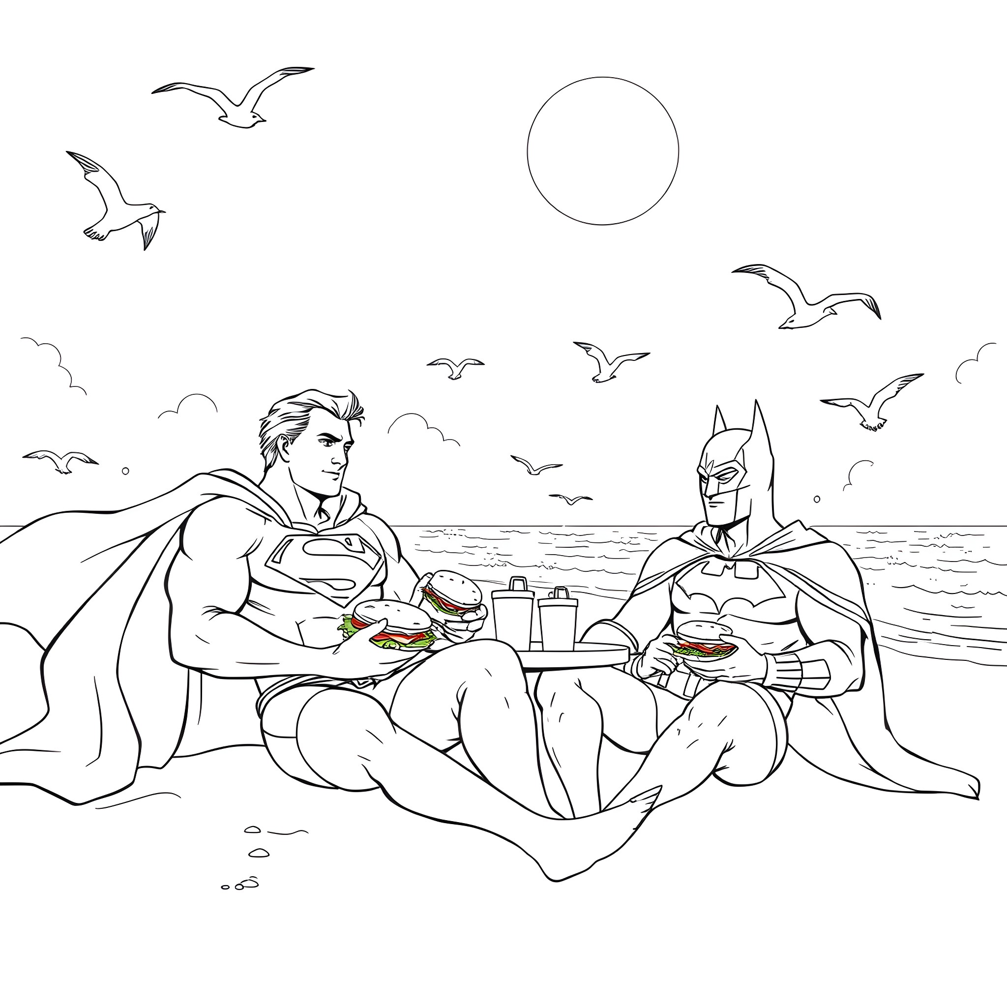 Superman and Batman enjoying a picnic by the sea Coloring Page (free black-and-white line drawing printable PDF for all, from beginners to advanced learners, including children, teens, adults, and seniors)