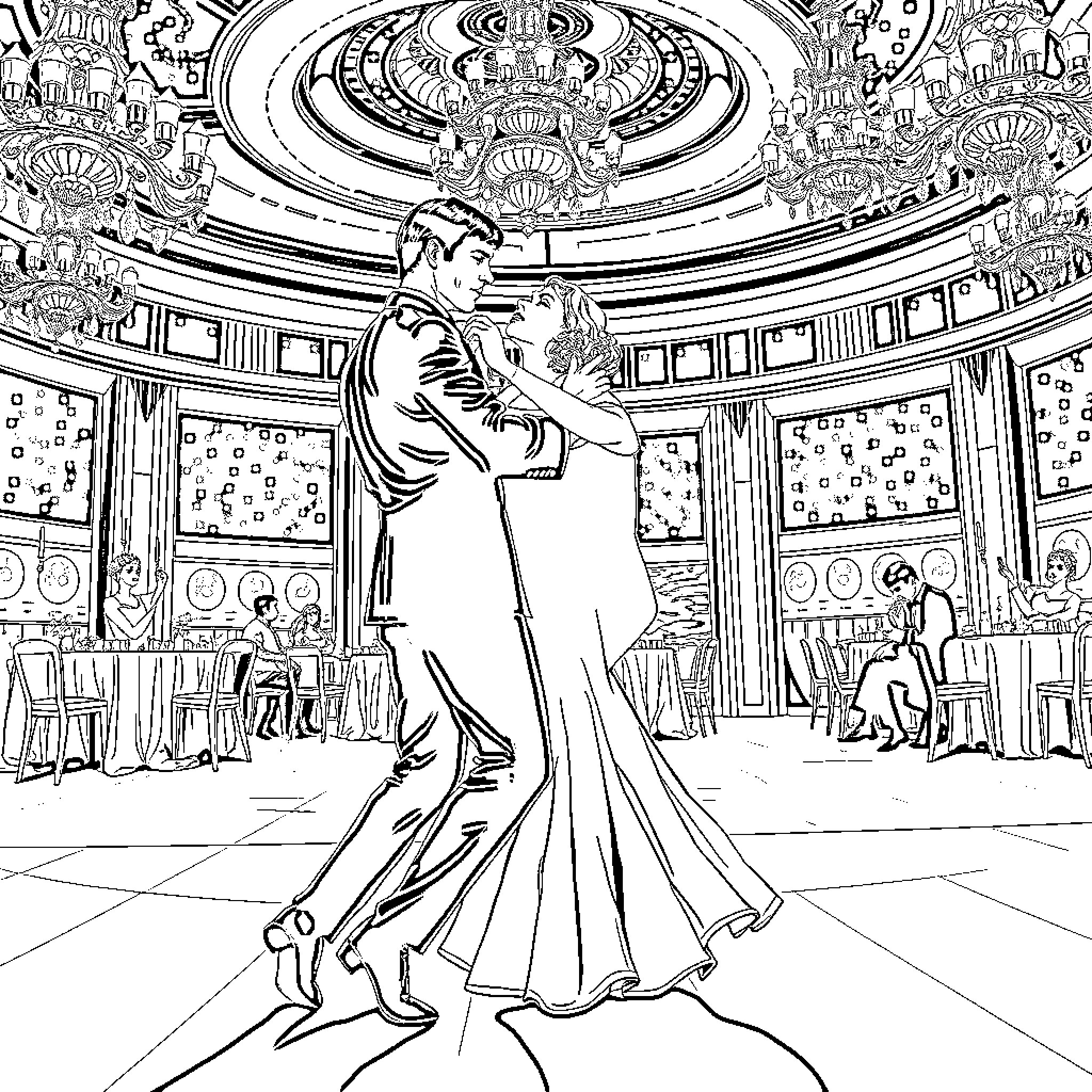 Captain Kirk and partner dance elegantly in ornate ballroom Coloring Page (free black-and-white line drawing printable PDF for all, from beginners to advanced learners, including children, teens, adults, and seniors)