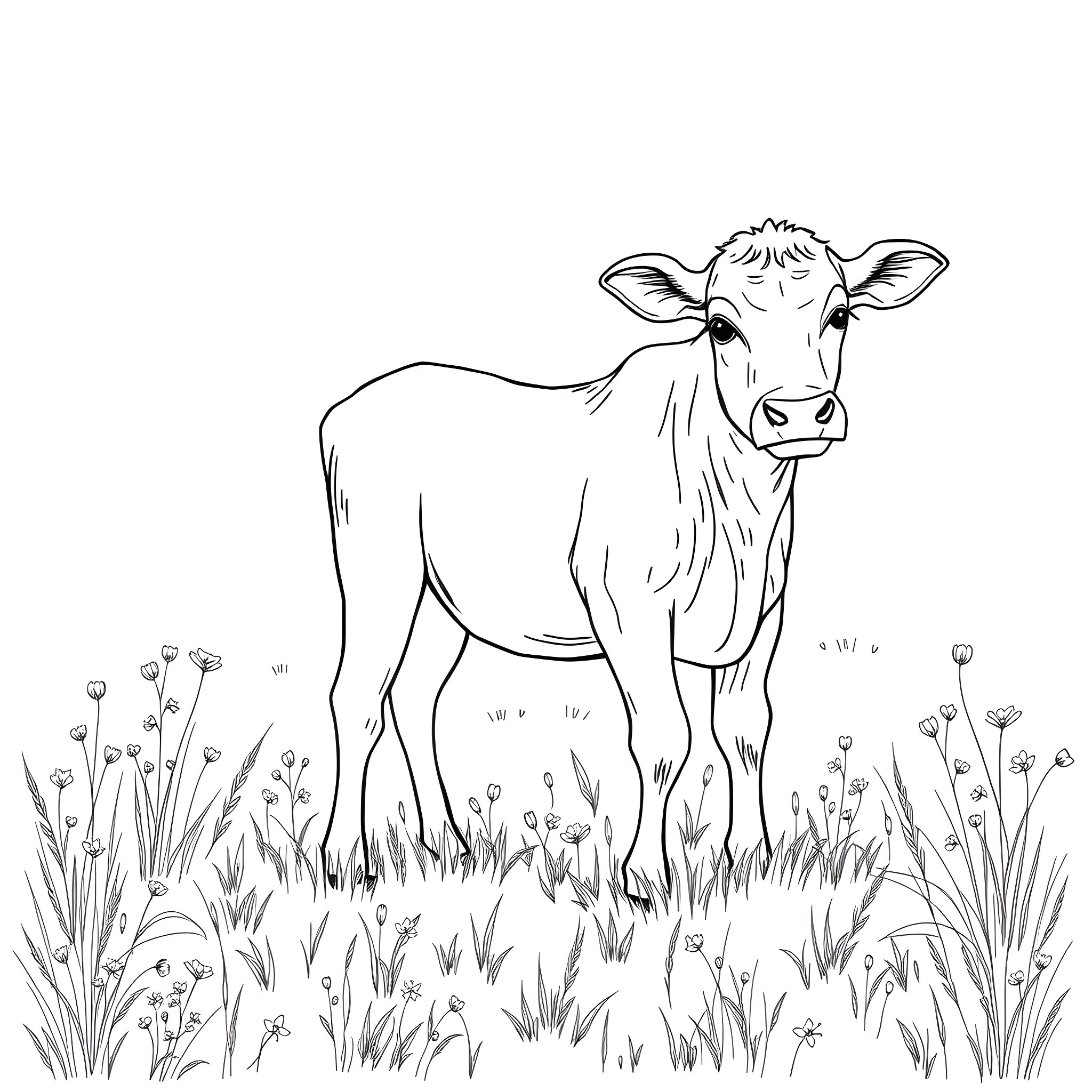 Calf standing in a grassy field Coloring Page (free black-and-white line drawing printable PDF for all, from beginners to advanced learners, including children, teens, adults, and seniors)