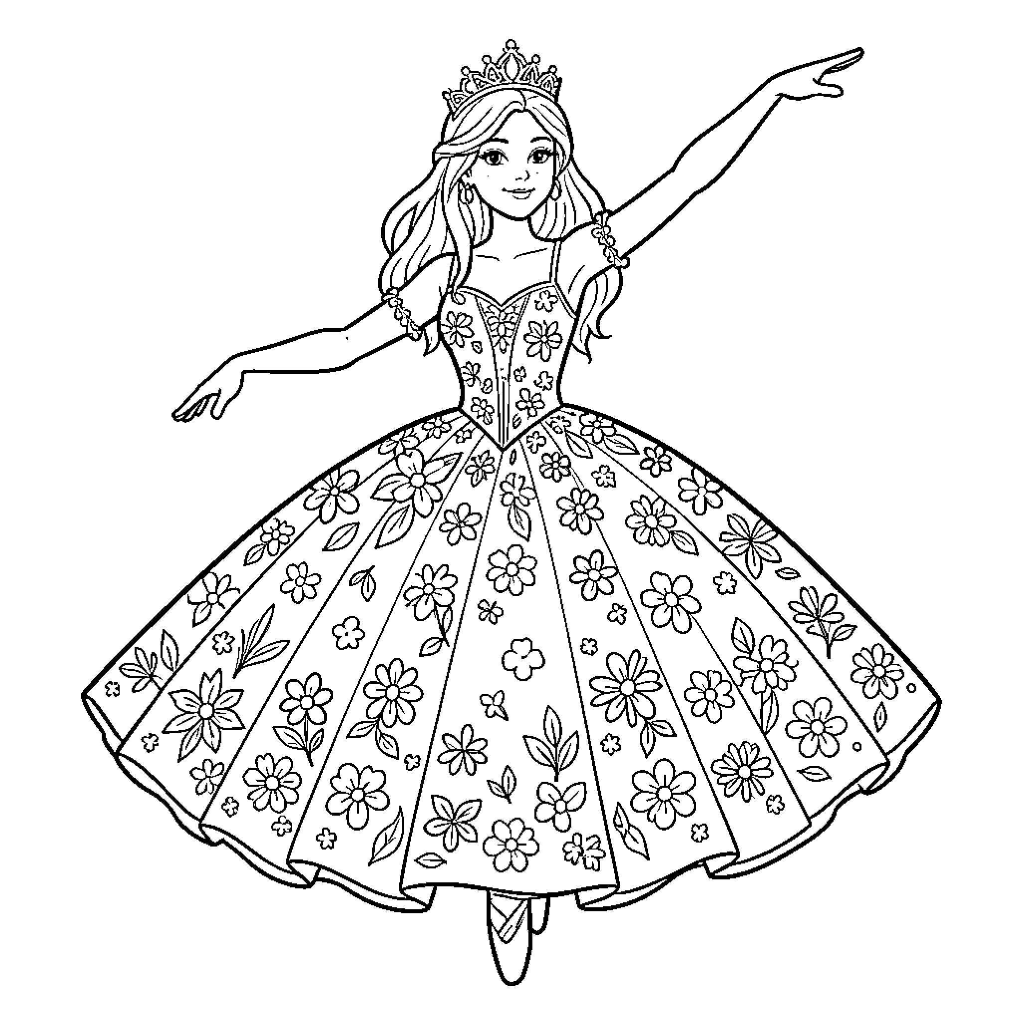 Princess in Floral Gown Dancing with Elegance Coloring Page (free black-and-white line drawing printable PDF for all, from beginners to advanced learners, including children, teens, adults, and seniors)