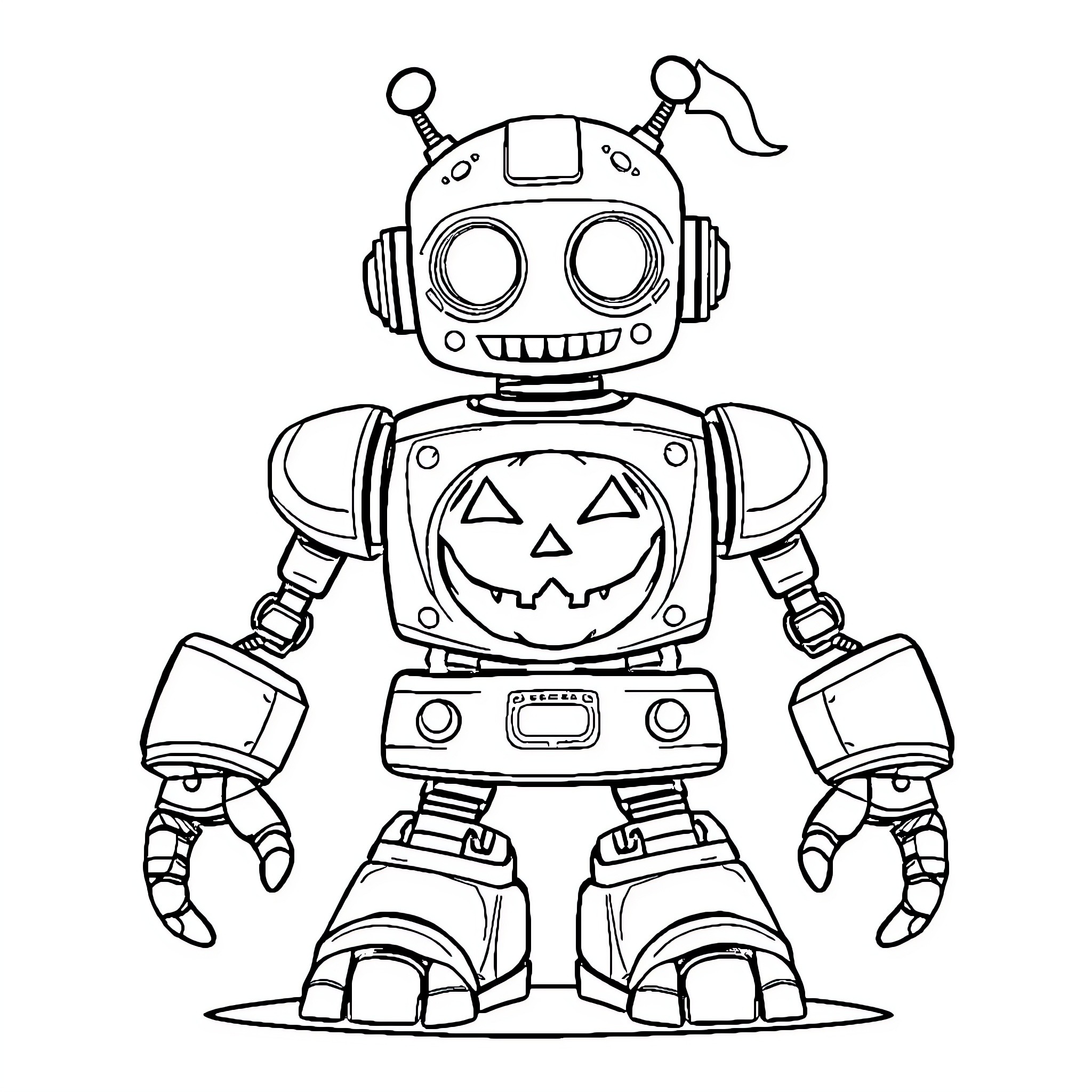 Robot in Halloween Costume Coloring Page (free black-and-white line drawing printable PDF for all, from beginners to advanced learners, including children, teens, adults, and seniors)