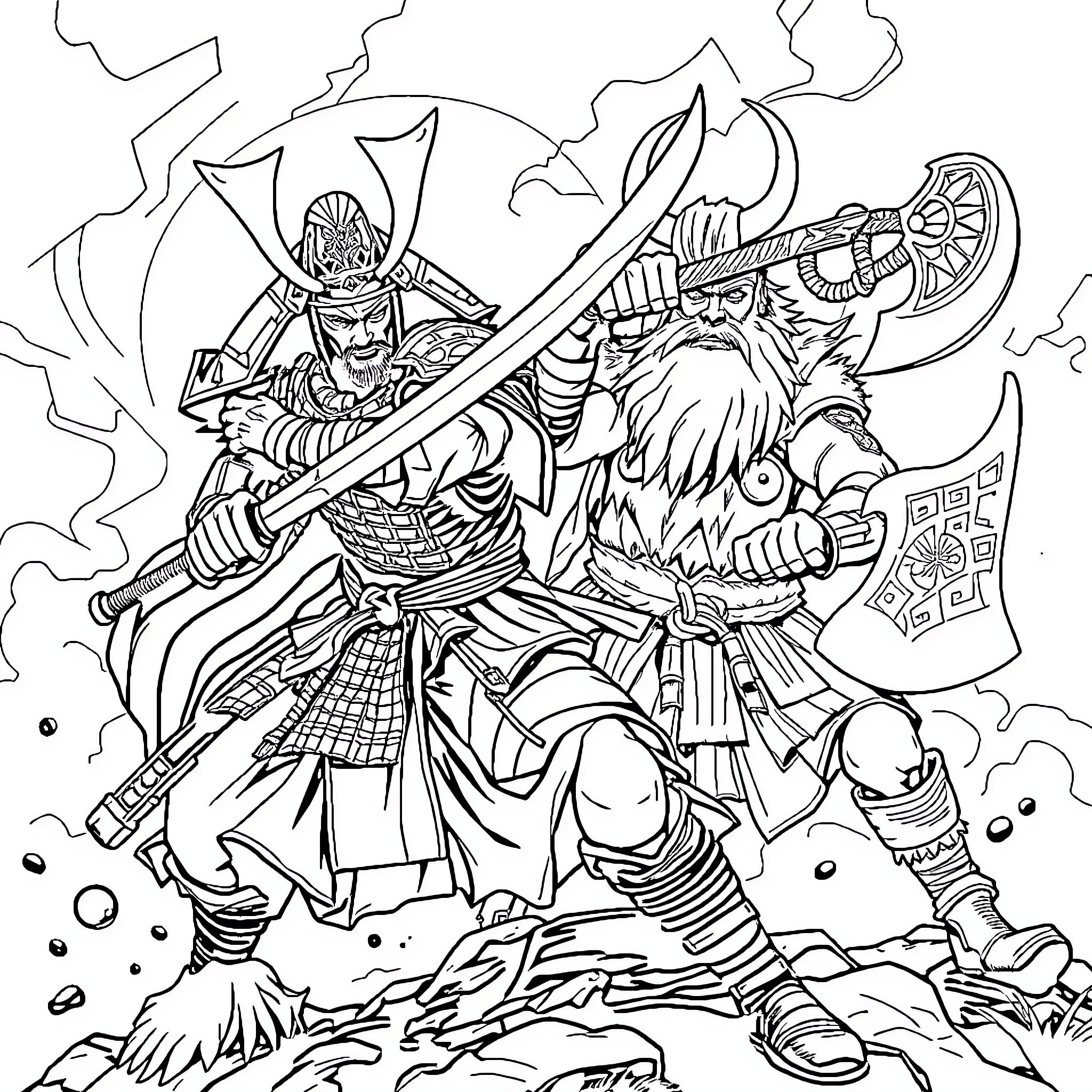 Samurai Warriors in Fierce Battle Coloring Page (free black-and-white line drawing printable PDF for all, from beginners to advanced learners, including children, teens, adults, and seniors)