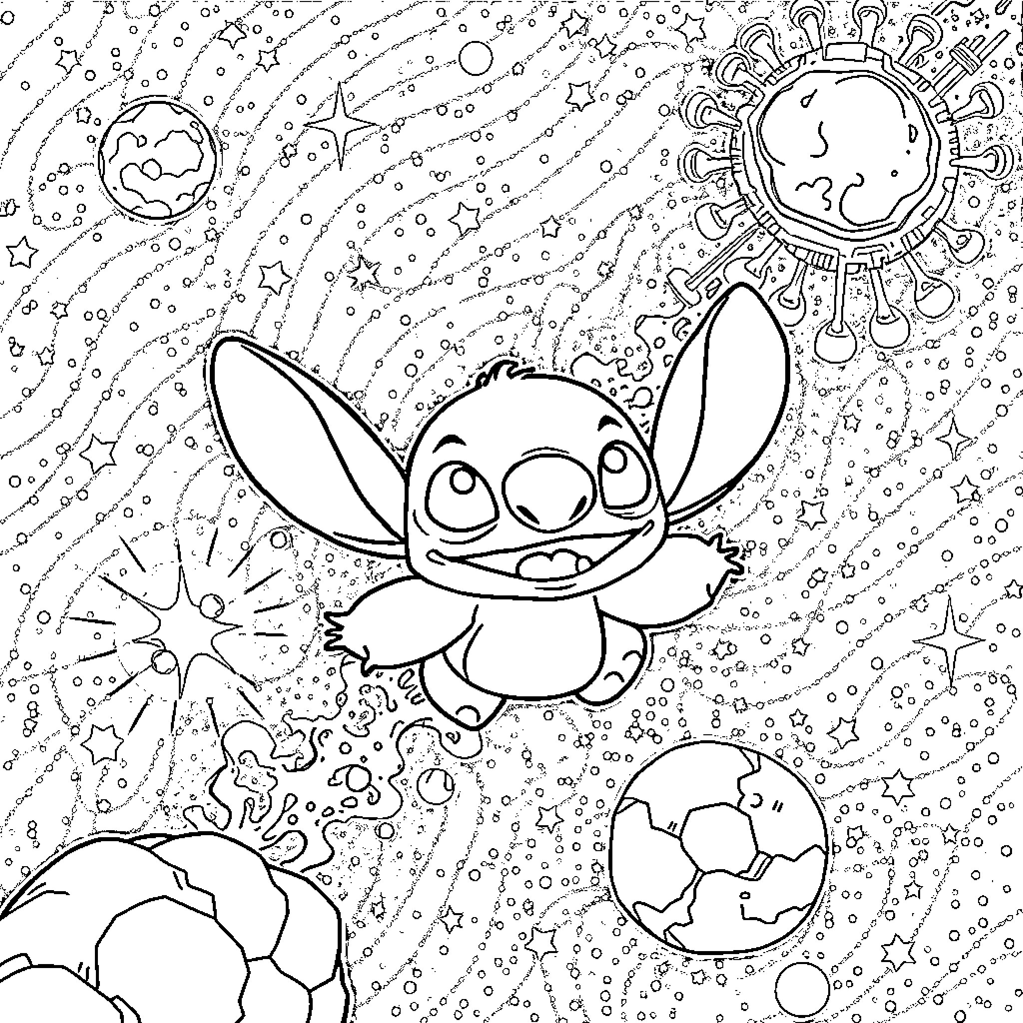 Stitch exploring the cosmic universe Coloring Page (free black-and-white line drawing printable PDF for all, from beginners to advanced learners, including children, teens, adults, and seniors)