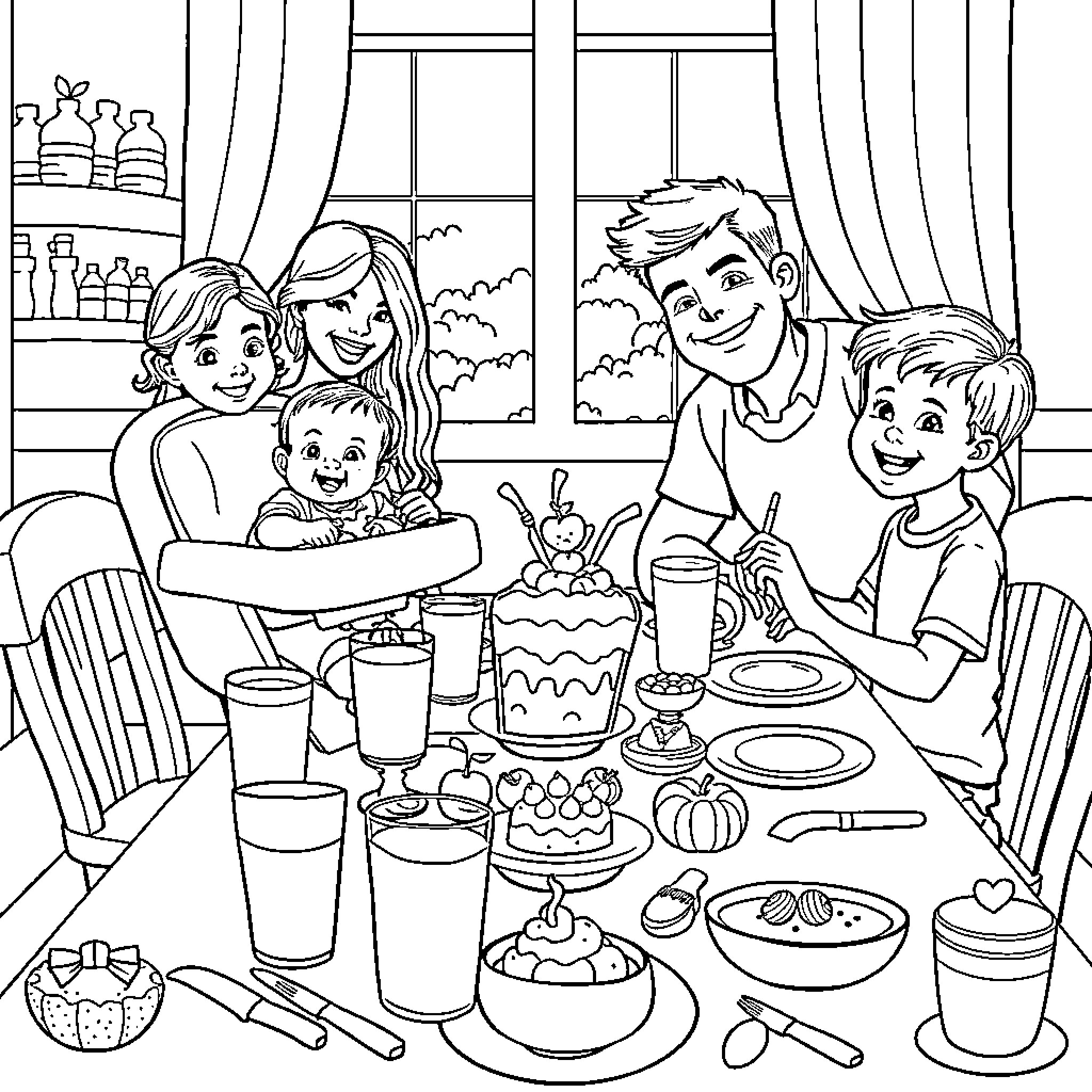 Family Enjoying a Cozy Meal Together Coloring Page (free black-and-white line drawing printable PDF for all, from beginners to advanced learners, including children, teens, adults, and seniors)
