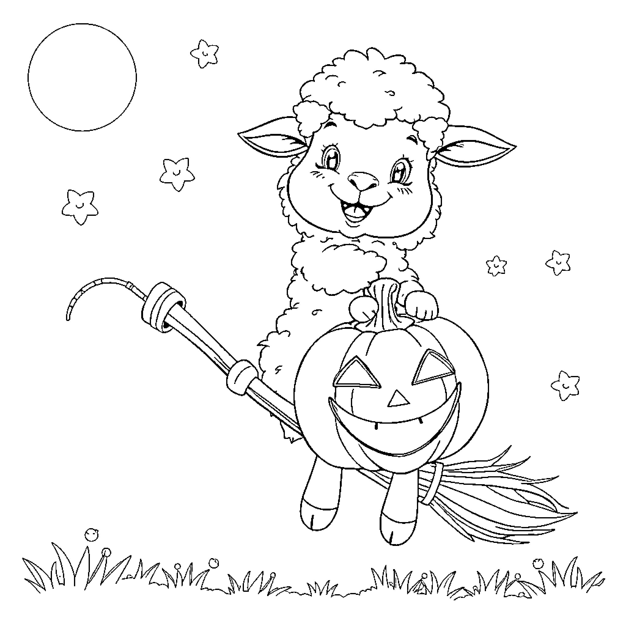 Lamb playing with a pumpkin on a starry night Coloring Page (free black-and-white line drawing printable PDF for all, from beginners to advanced learners, including children, teens, adults, and seniors)