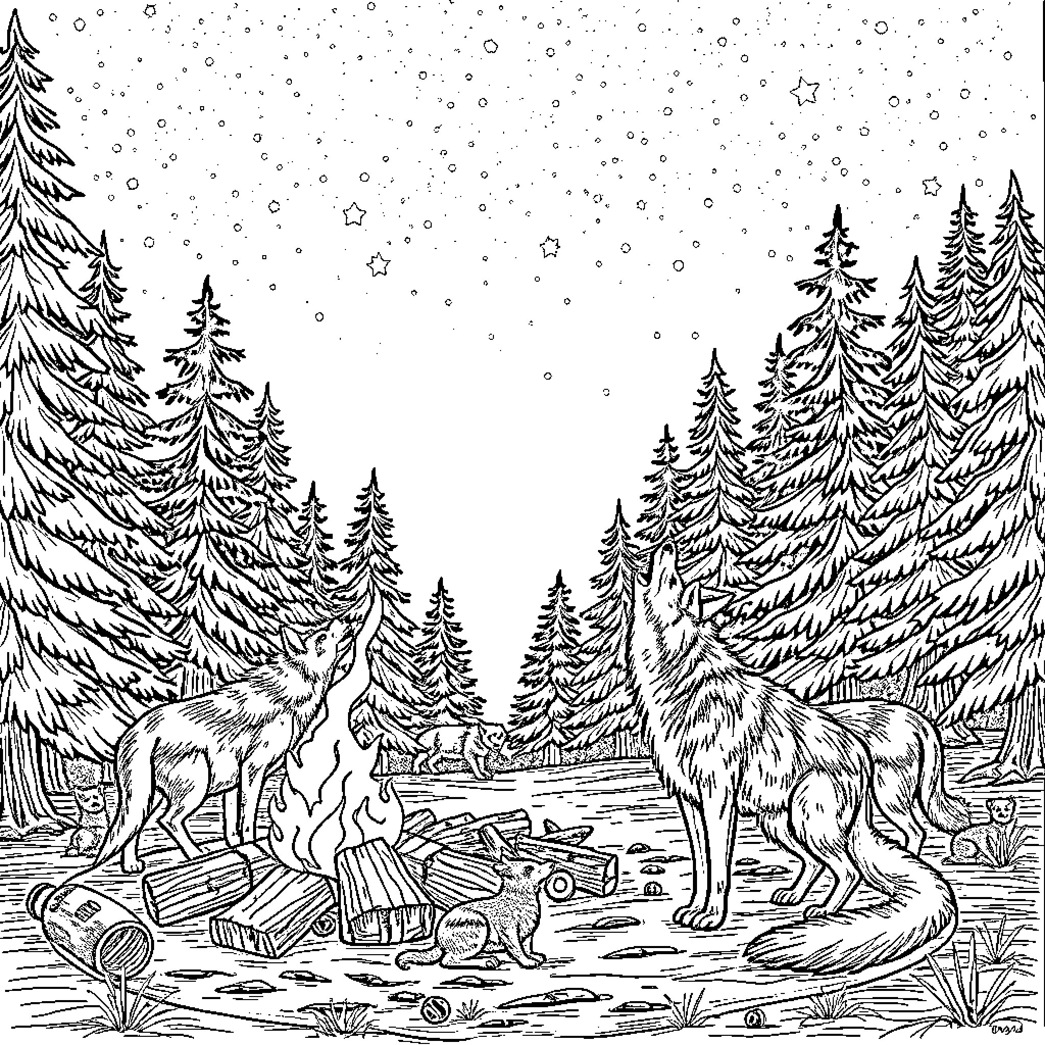 Wolf Pack Exploring Snowy Forest Landscape Coloring Page (free black-and-white line drawing printable PDF for all, from beginners to advanced learners, including children, teens, adults, and seniors)