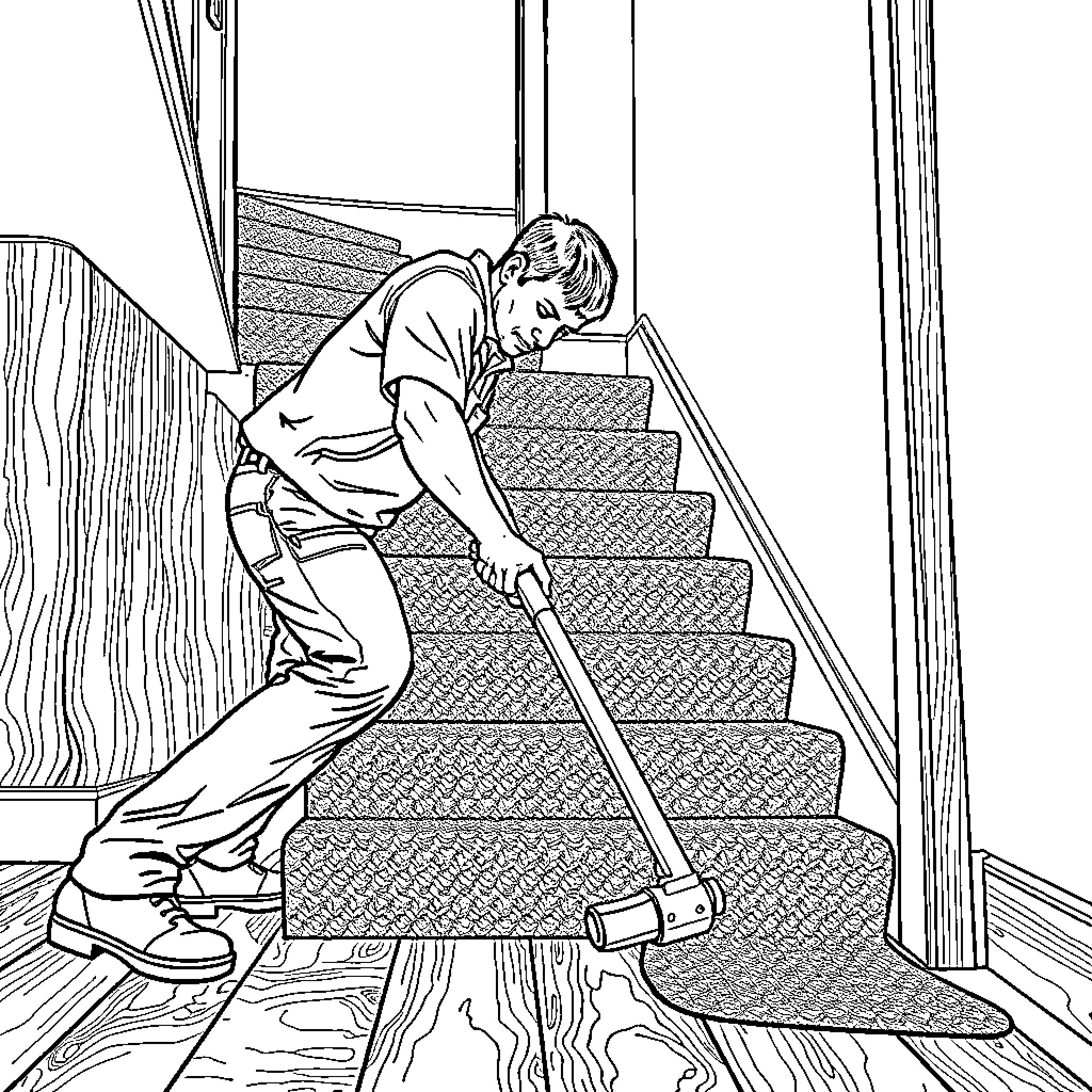 Installer working diligently on staircase Coloring Page (free black-and-white line drawing printable PDF for all, from beginners to advanced learners, including children, teens, adults, and seniors)