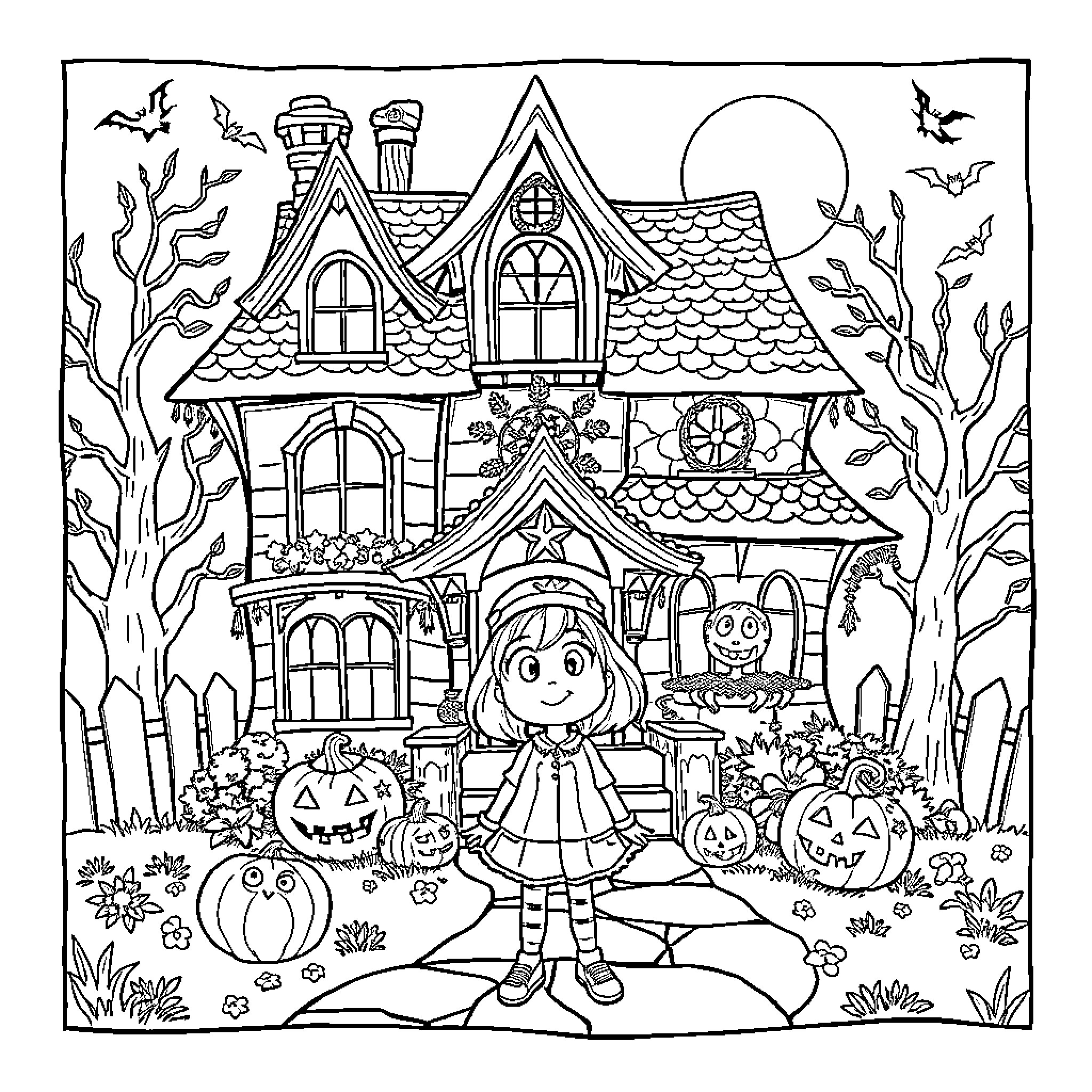 Gaby exploring the spooky Halloween house Coloring Page (free black-and-white line drawing printable PDF for all, from beginners to advanced learners, including children, teens, adults, and seniors)