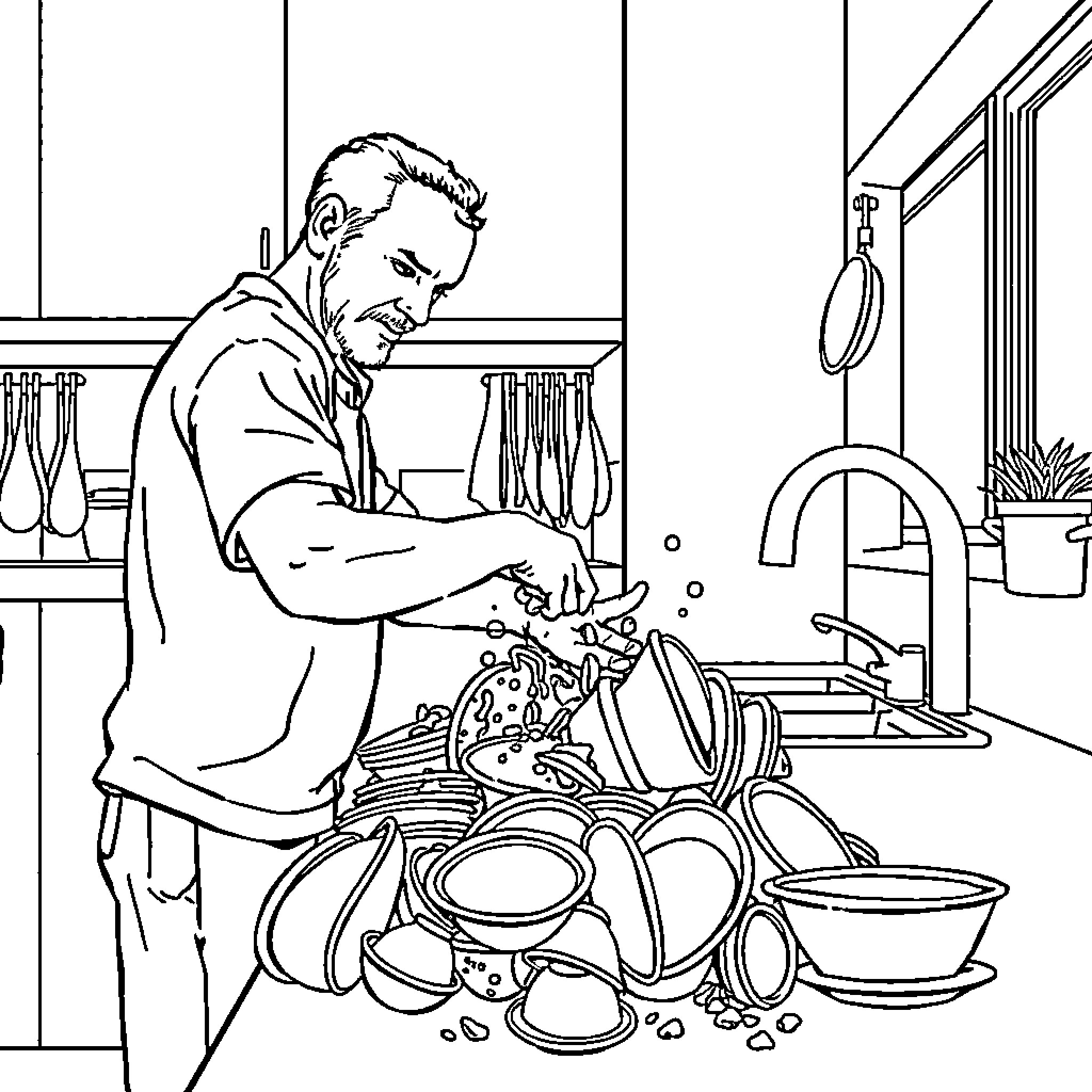 Man washing dishes in the kitchen Coloring Page (free black-and-white line drawing printable PDF for all, from beginners to advanced learners, including children, teens, adults, and seniors)