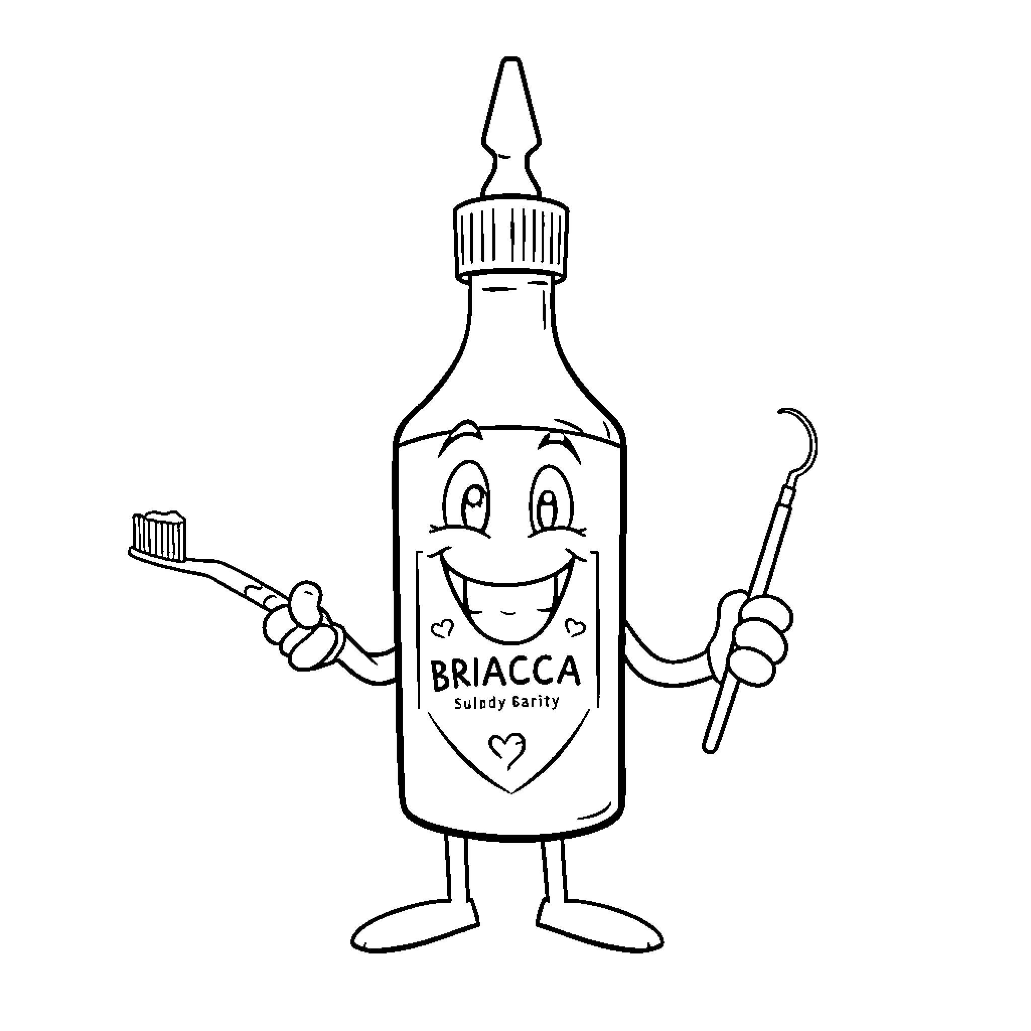 Sriracha Bottle with toothbrush and smiling expression Coloring Page (free black-and-white line drawing printable PDF for all, from beginners to advanced learners, including children, teens, adults, and seniors)
