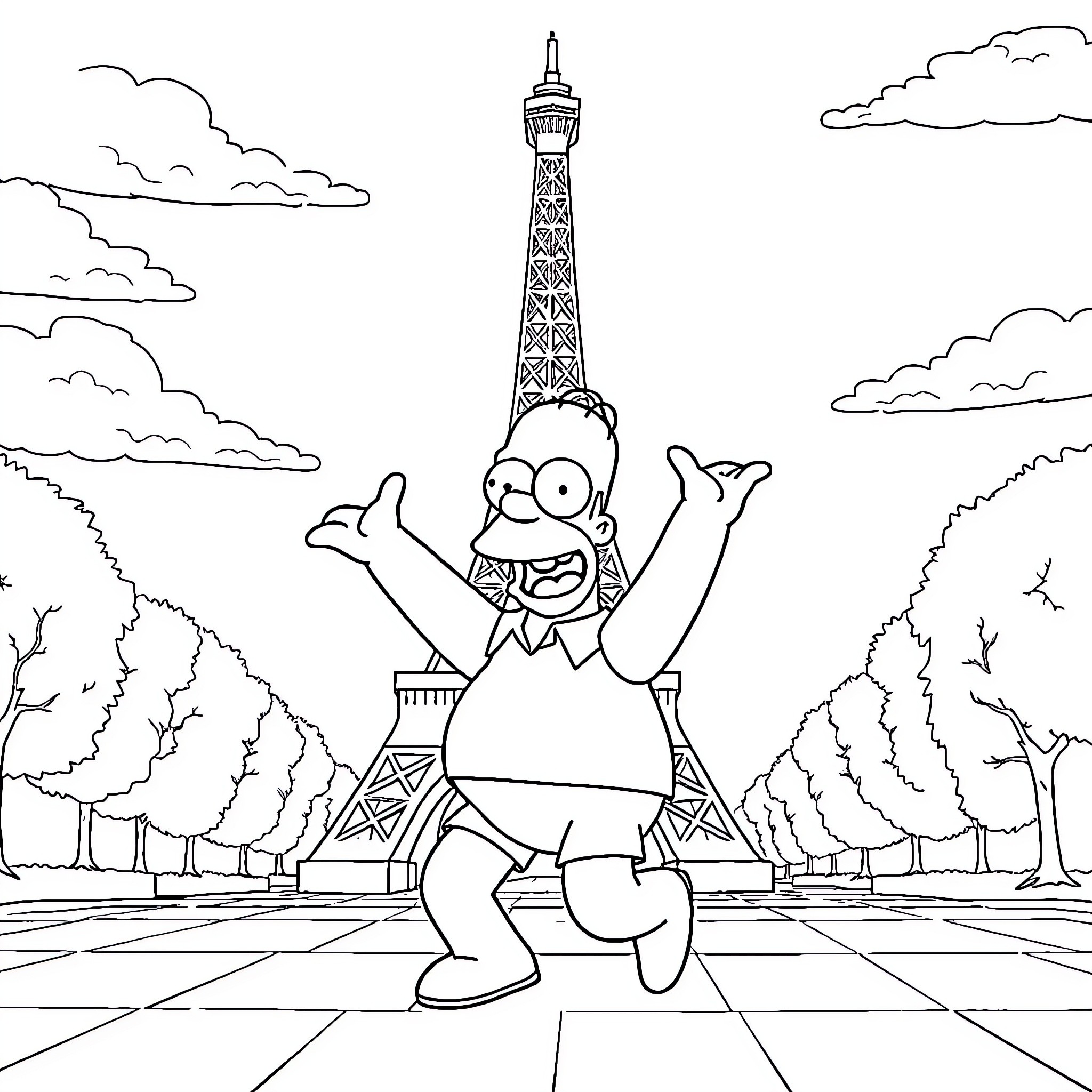 Homer Simpson's Joyful Adventures in Paris Coloring Page (free black-and-white line drawing printable PDF for all, from beginners to advanced learners, including children, teens, adults, and seniors)