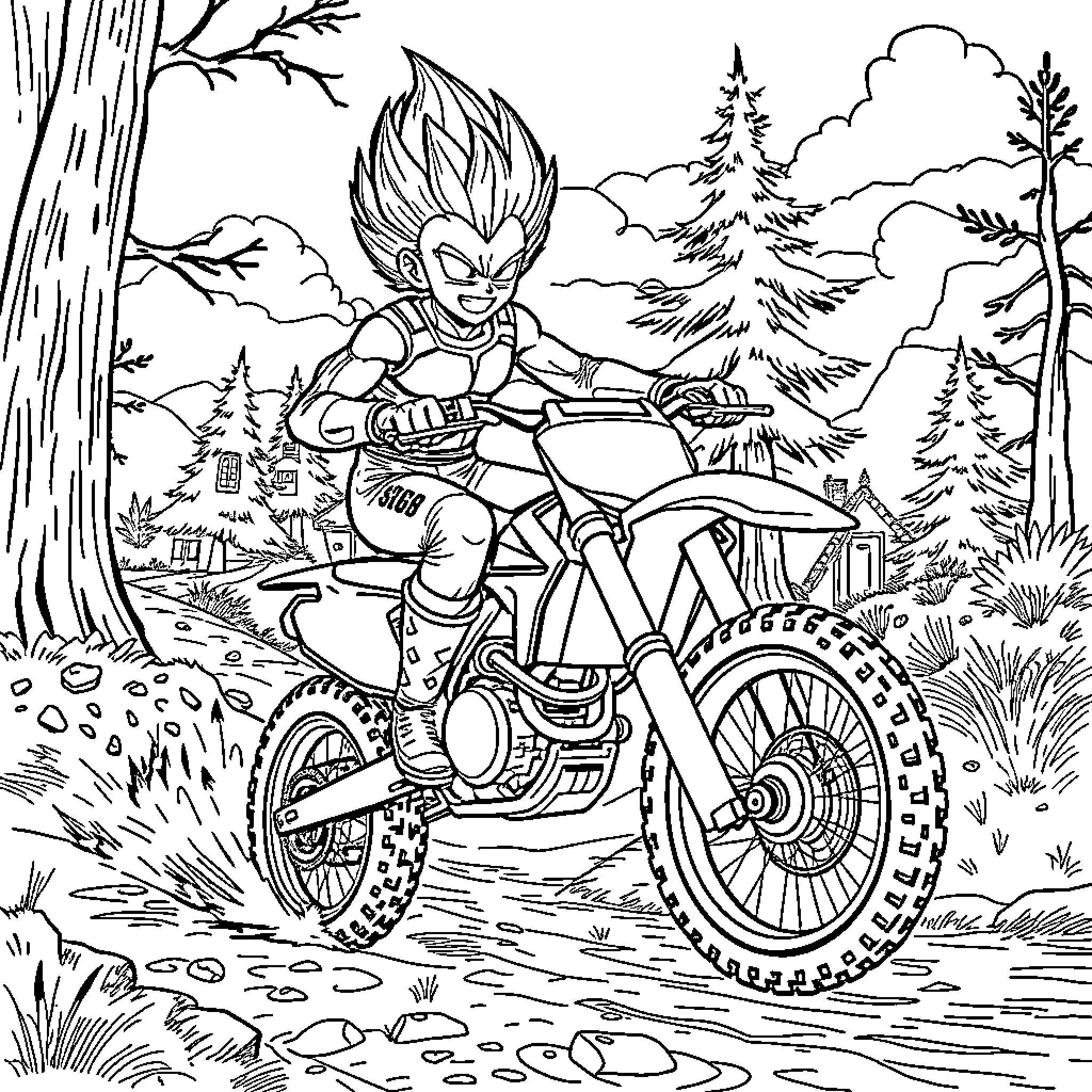 Vegeta riding a powerful motorcycle through the forest Coloring Page (free black-and-white line drawing printable PDF for all, from beginners to advanced learners, including children, teens, adults, and seniors)