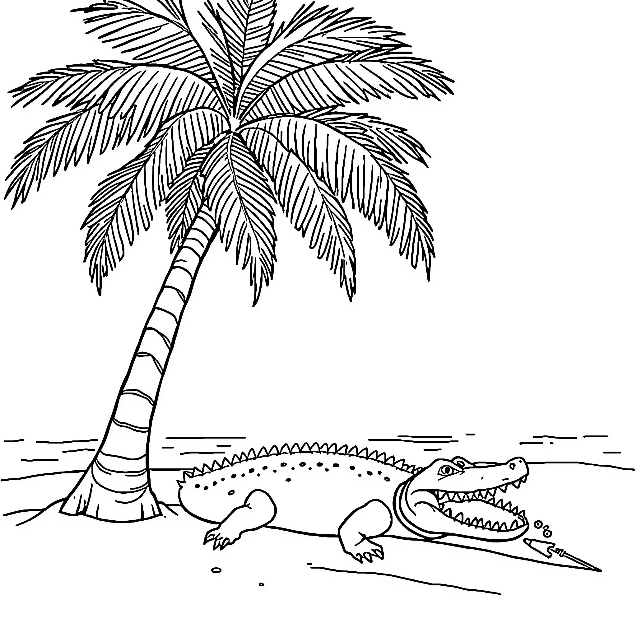 Alligator basking near palm tree on beach Coloring Page (free black-and-white line drawing printable PDF for all, from beginners to advanced learners, including children, teens, adults, and seniors)