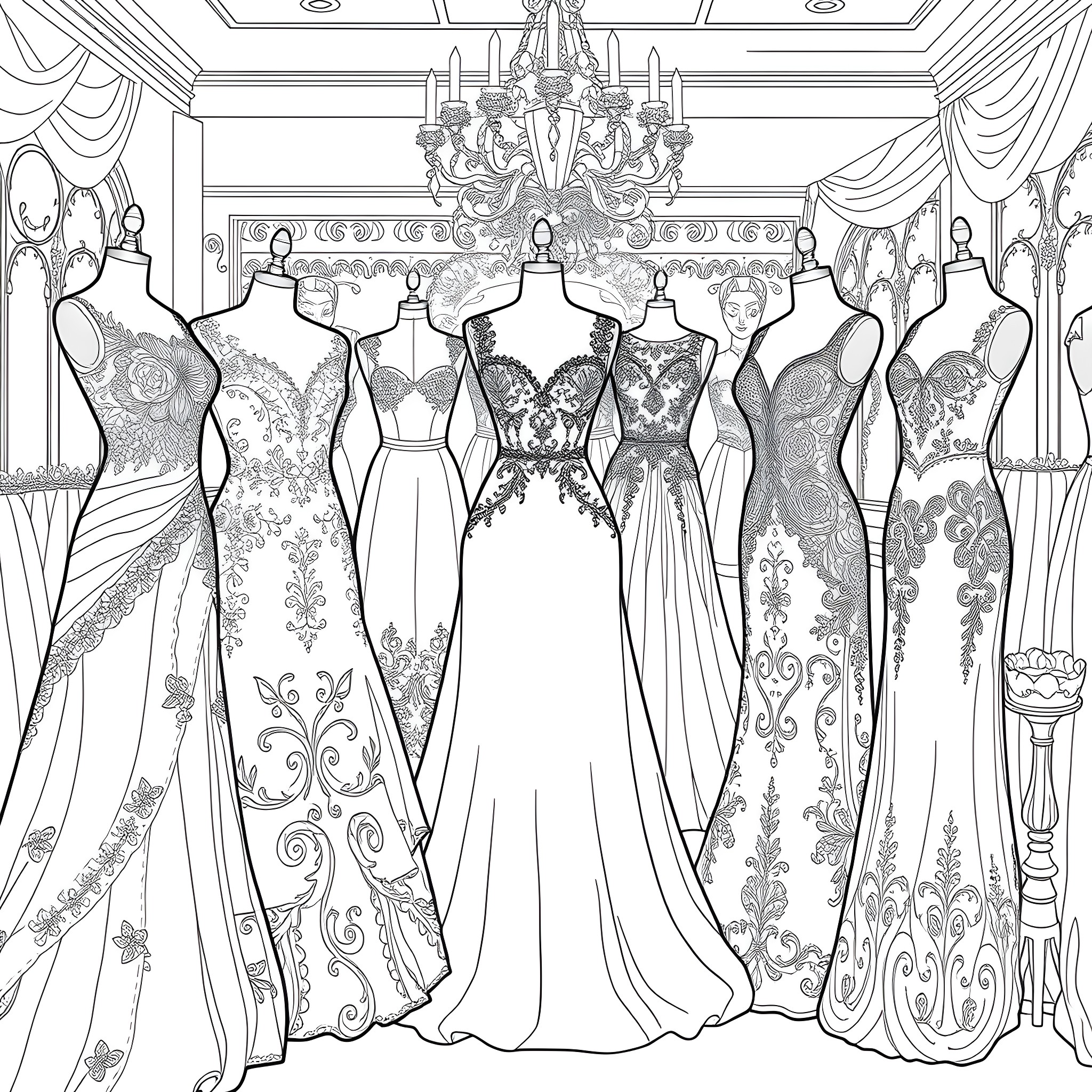 Wedding Dress Fashion Showcase in Ornate Ballroom Coloring Page (free black-and-white line drawing printable PDF for all, from beginners to advanced learners, including children, teens, adults, and seniors)