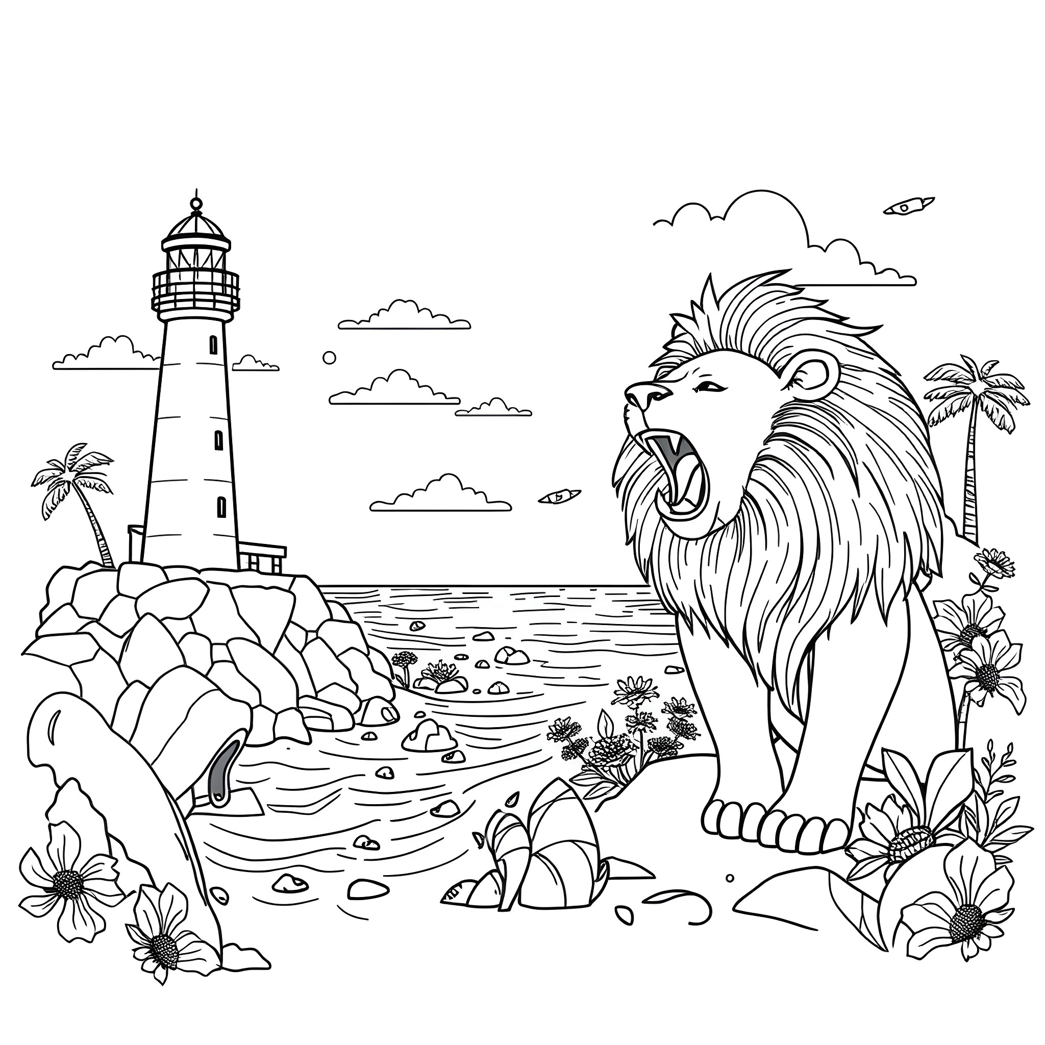 Lion Roaring Majestically near Lighthouse and Beach Coloring Page (free black-and-white line drawing printable PDF for all, from beginners to advanced learners, including children, teens, adults, and seniors)