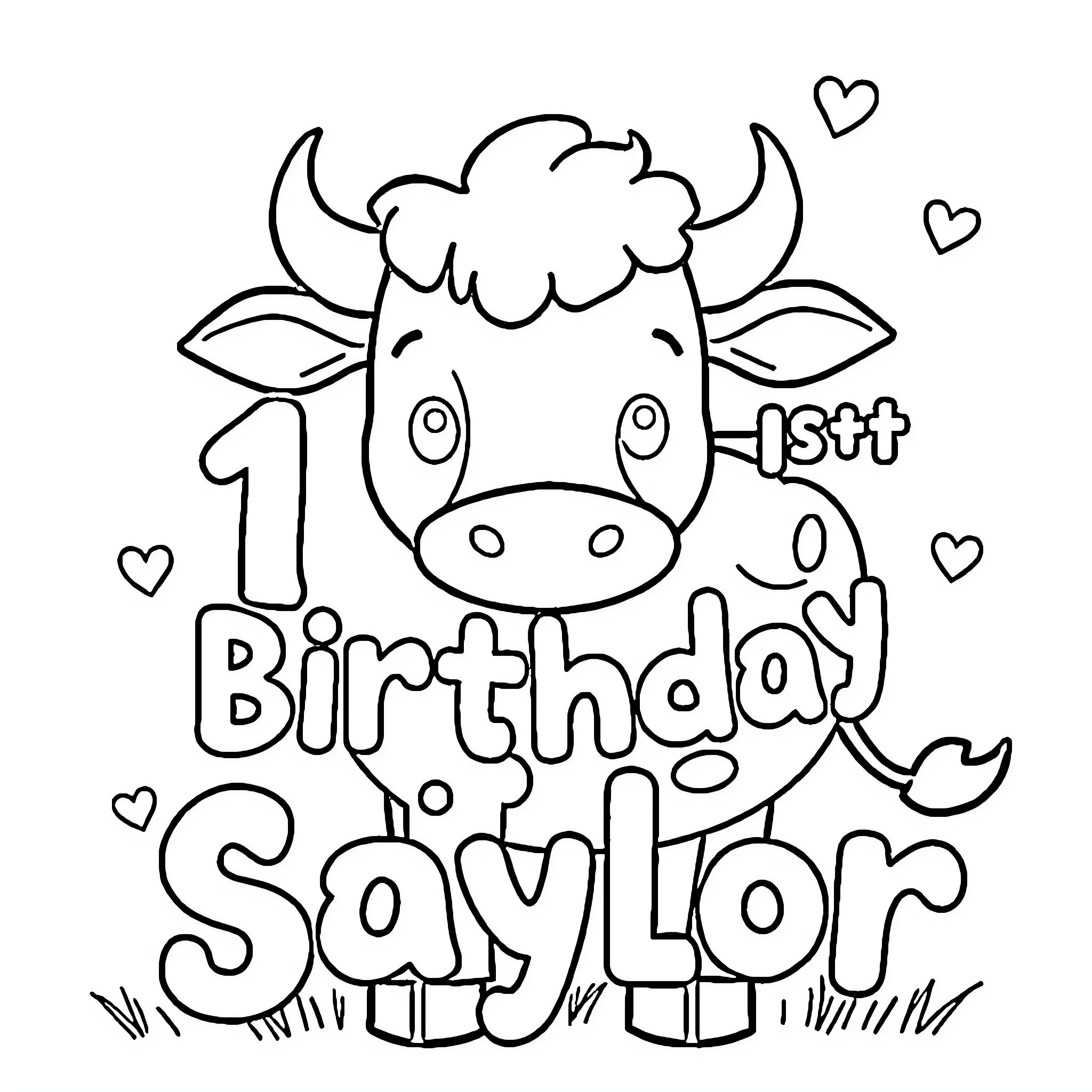 Highland Cow's 1st Birthday Party Coloring Page (free black-and-white line drawing printable PDF for all, from beginners to advanced learners, including children, teens, adults, and seniors)