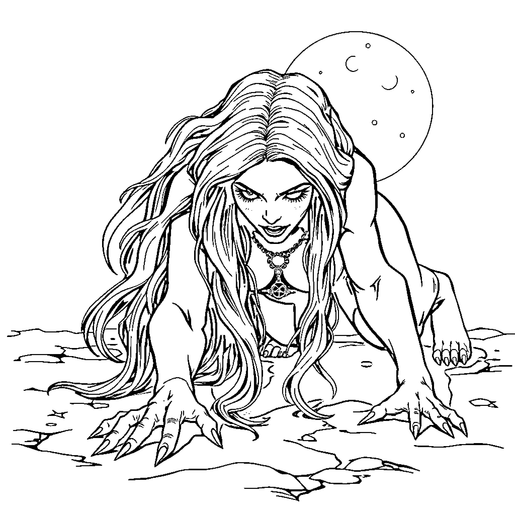 Goth Woman crawling menacingly under the moonlight Coloring Page (free black-and-white line drawing printable PDF for all, from beginners to advanced learners, including children, teens, adults, and seniors)