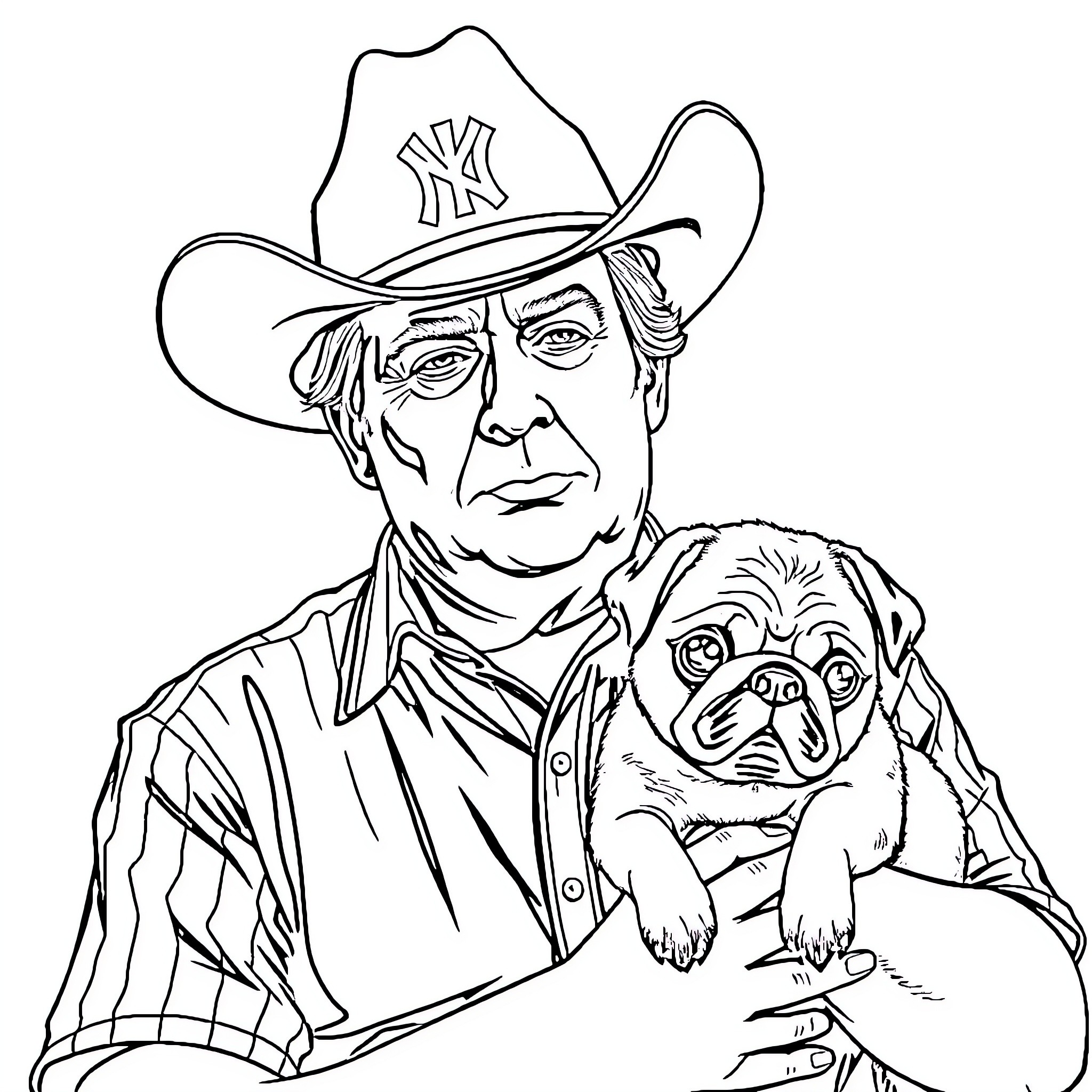 Donald Trump Wearing Cowboy Hat and Holding Dog Coloring Page (free black-and-white line drawing printable PDF for all, from beginners to advanced learners, including children, teens, adults, and seniors)