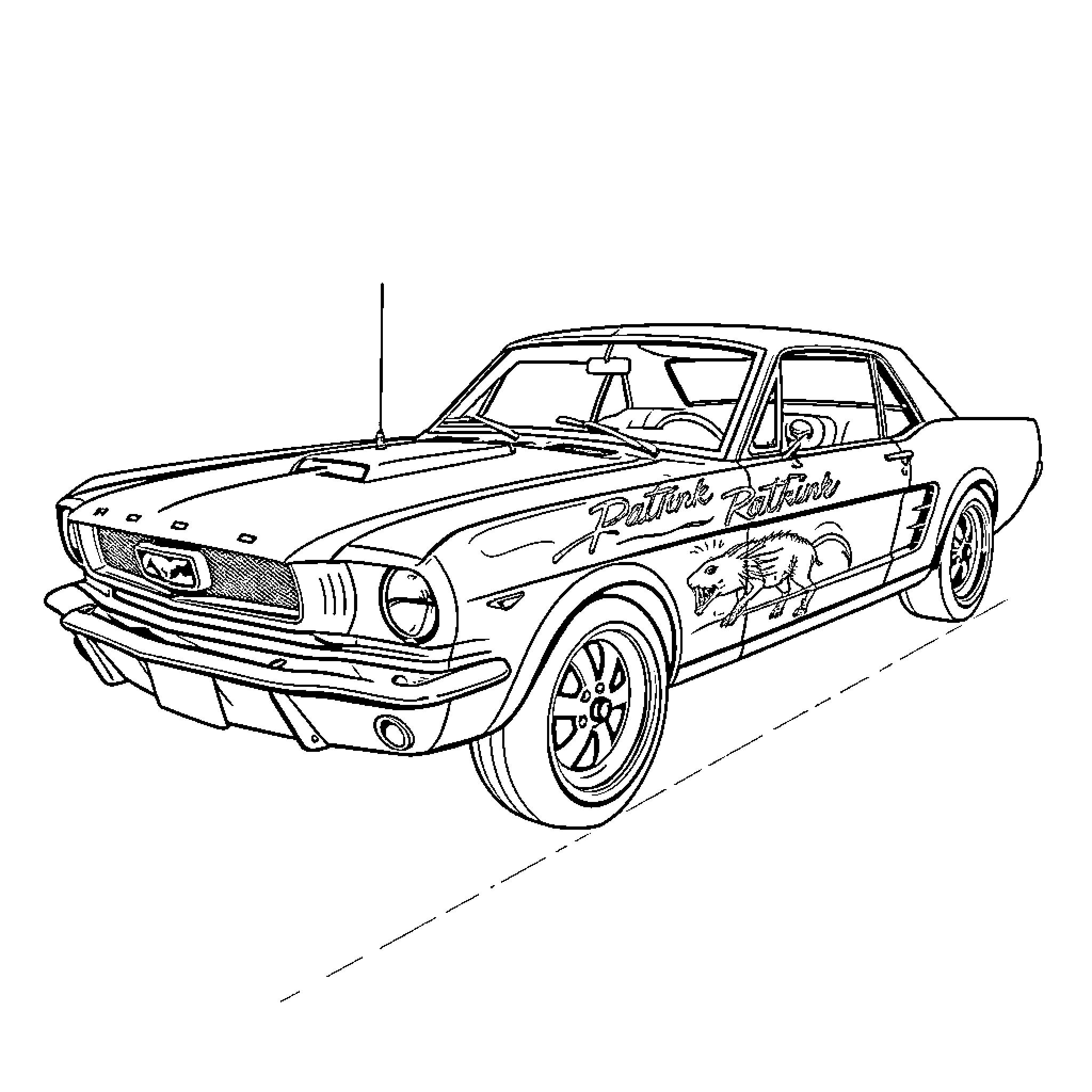 Mustang racing car in action Coloring Page (free black-and-white line drawing printable PDF for all, from beginners to advanced learners, including children, teens, adults, and seniors)