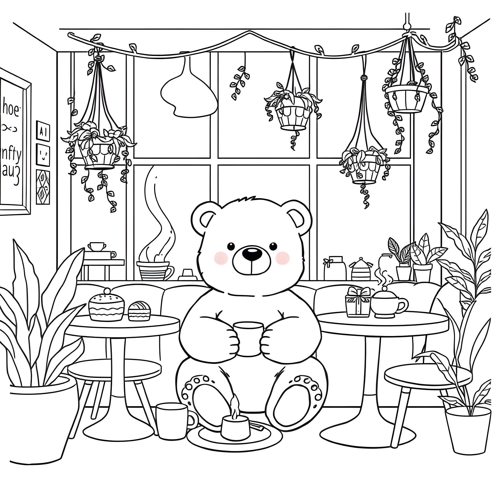 Bear enjoying cozy cafe scene with decorations Coloring Page (free black-and-white line drawing printable PDF for all, from beginners to advanced learners, including children, teens, adults, and seniors)