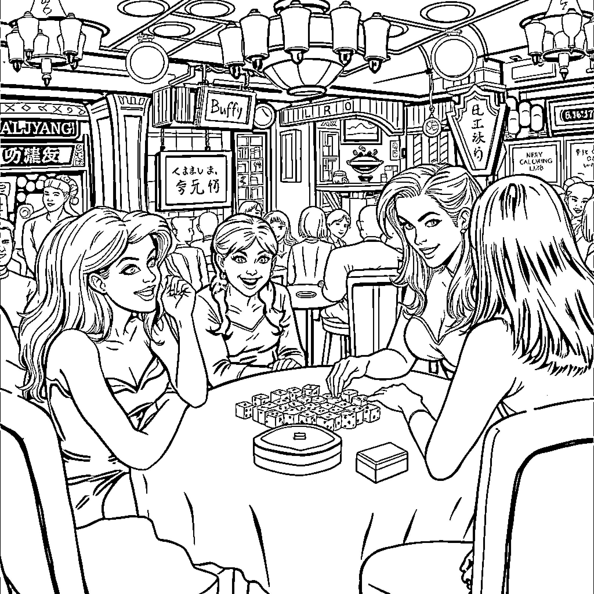 Buffy and Friends Enjoying a Lively Night Out Coloring Page (free black-and-white line drawing printable PDF for all, from beginners to advanced learners, including children, teens, adults, and seniors)