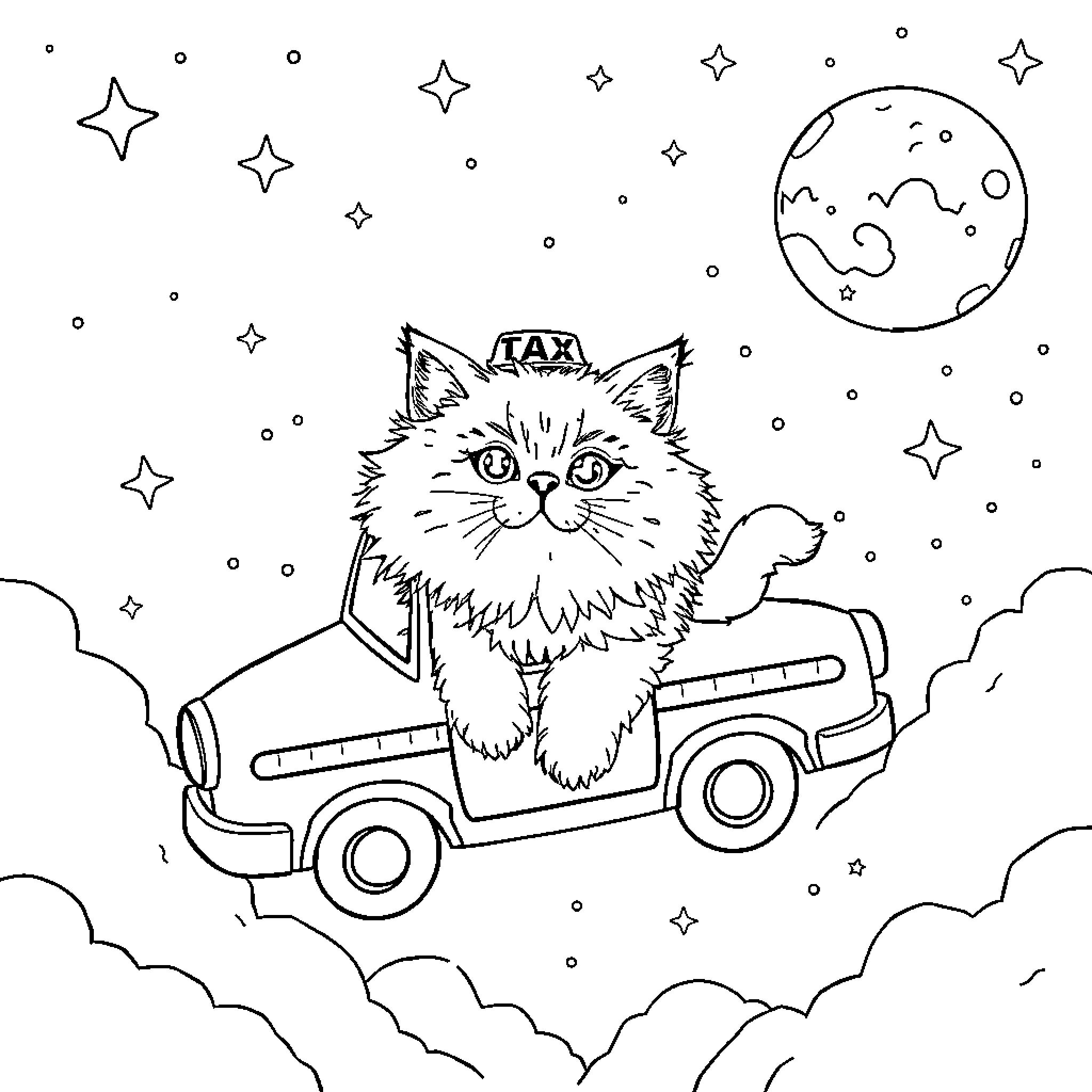 Cat driving a car under the starry night sky Coloring Page (free black-and-white line drawing printable PDF for all, from beginners to advanced learners, including children, teens, adults, and seniors)