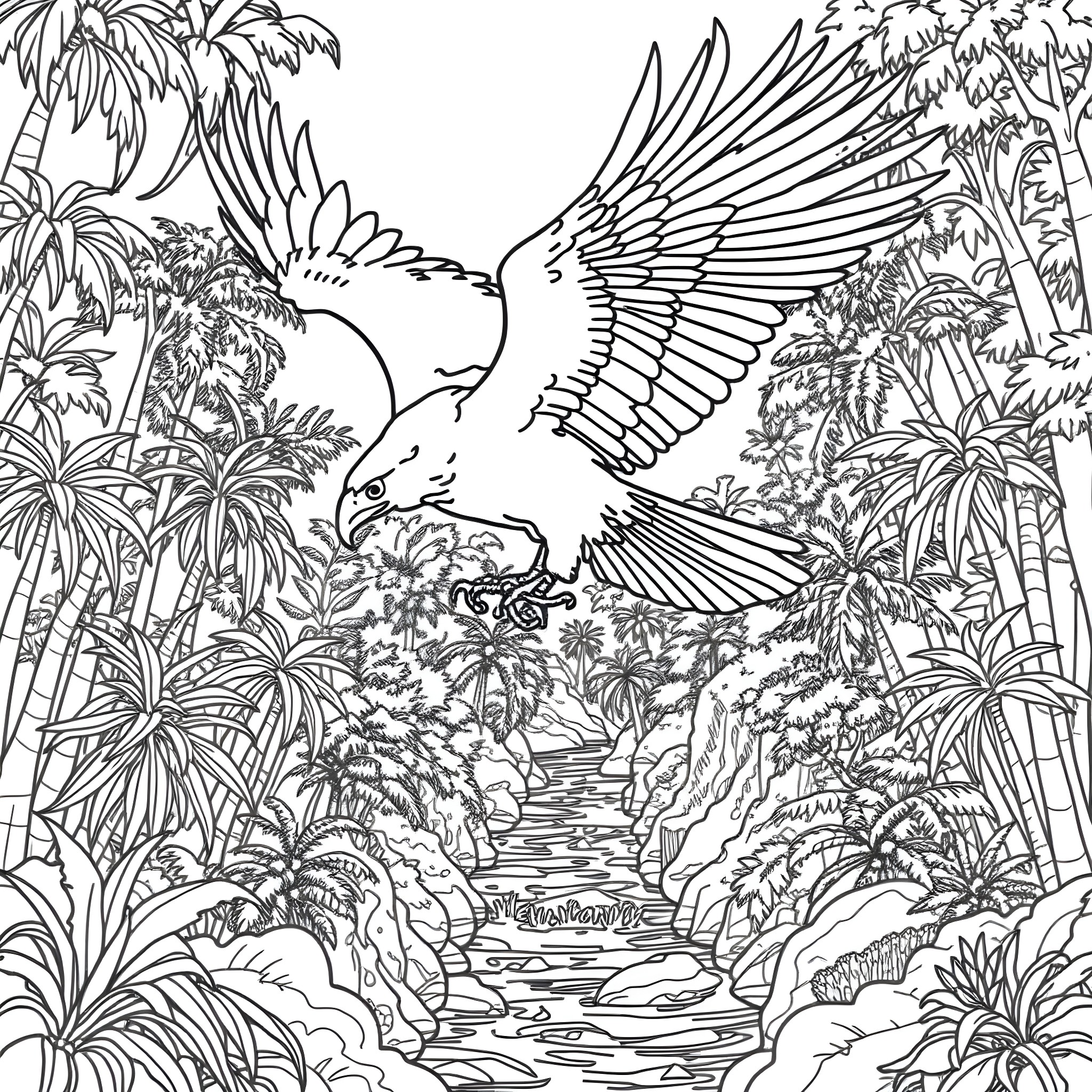 Eagle soaring gracefully over tropical paradise Coloring Page (free black-and-white line drawing printable PDF for all, from beginners to advanced learners, including children, teens, adults, and seniors)