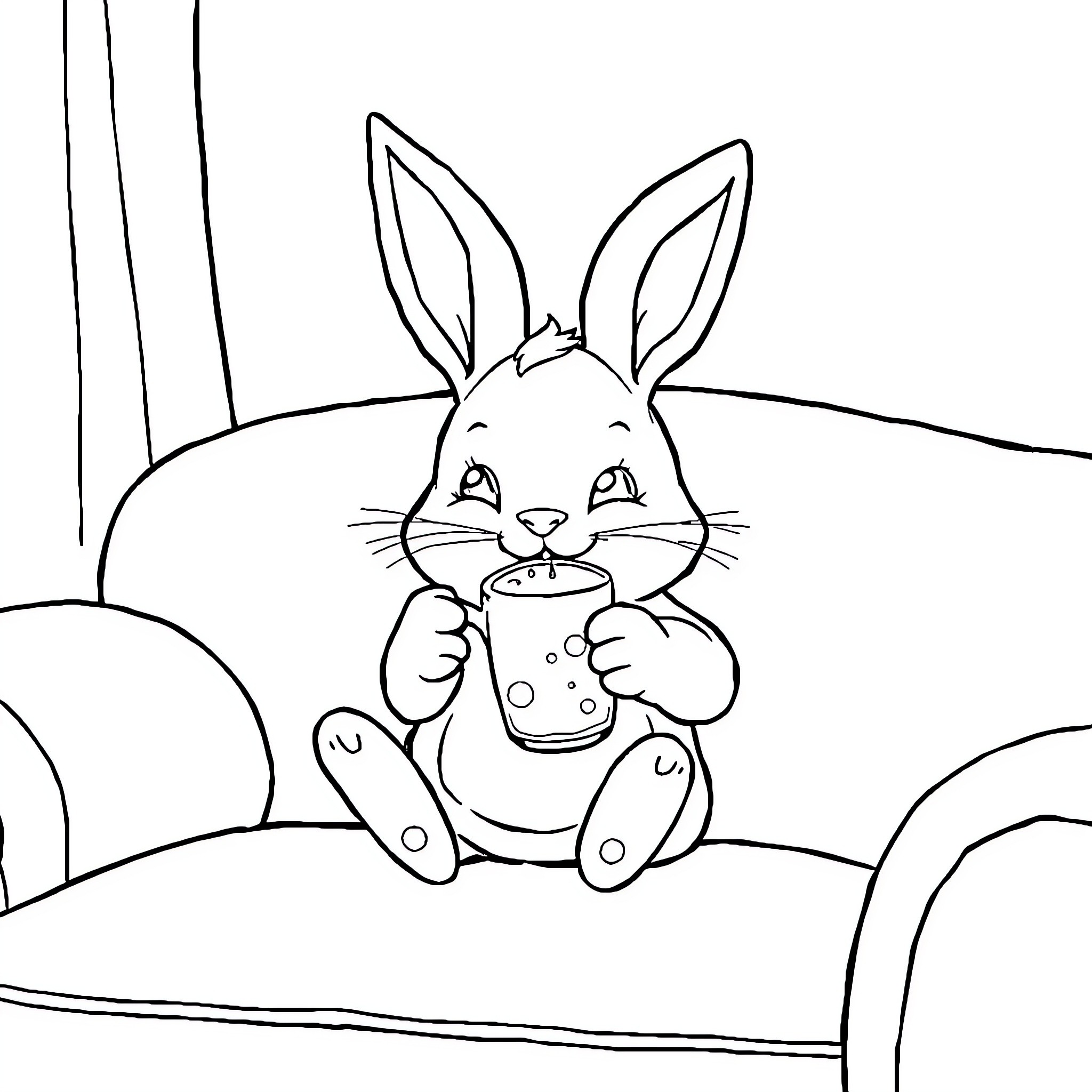 Bunny enjoying a refreshing drink Coloring Page (free black-and-white line drawing printable PDF for all, from beginners to advanced learners, including children, teens, adults, and seniors)
