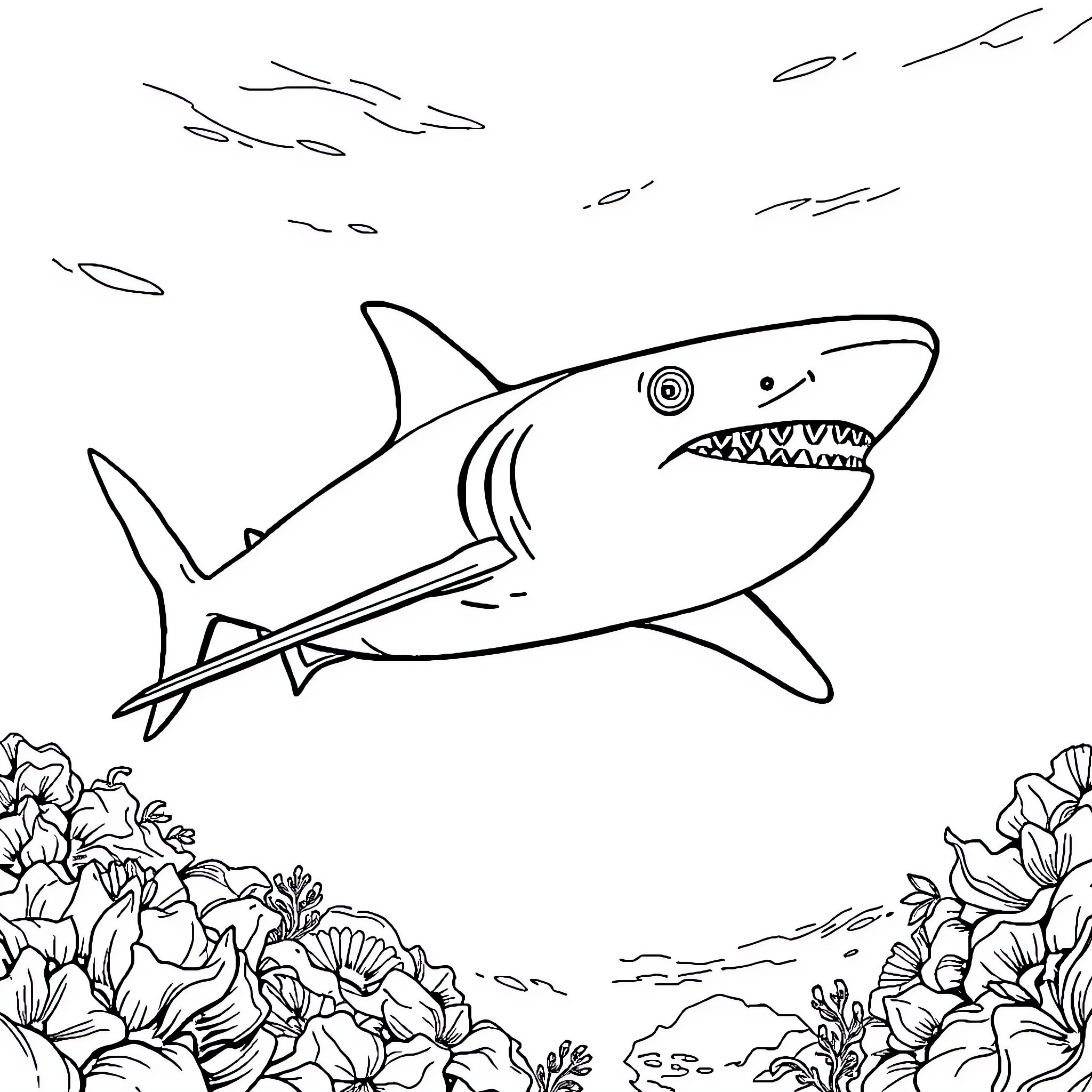 Shark swimming among coral reef Coloring Page (free black-and-white line drawing printable PDF for all, from beginners to advanced learners, including children, teens, adults, and seniors)