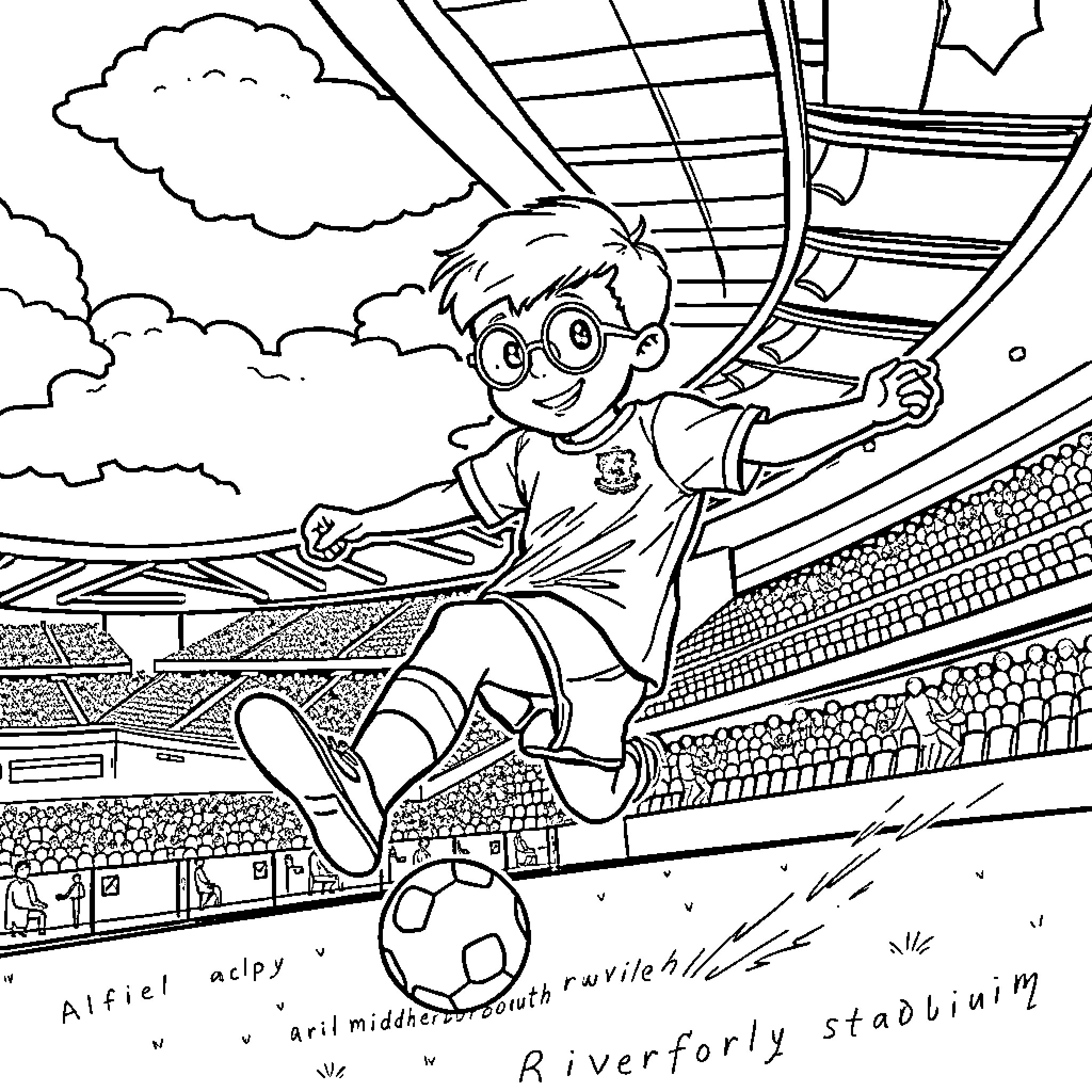 Boy enjoying slide at the stadium Coloring Page (free black-and-white line drawing printable PDF for all, from beginners to advanced learners, including children, teens, adults, and seniors)