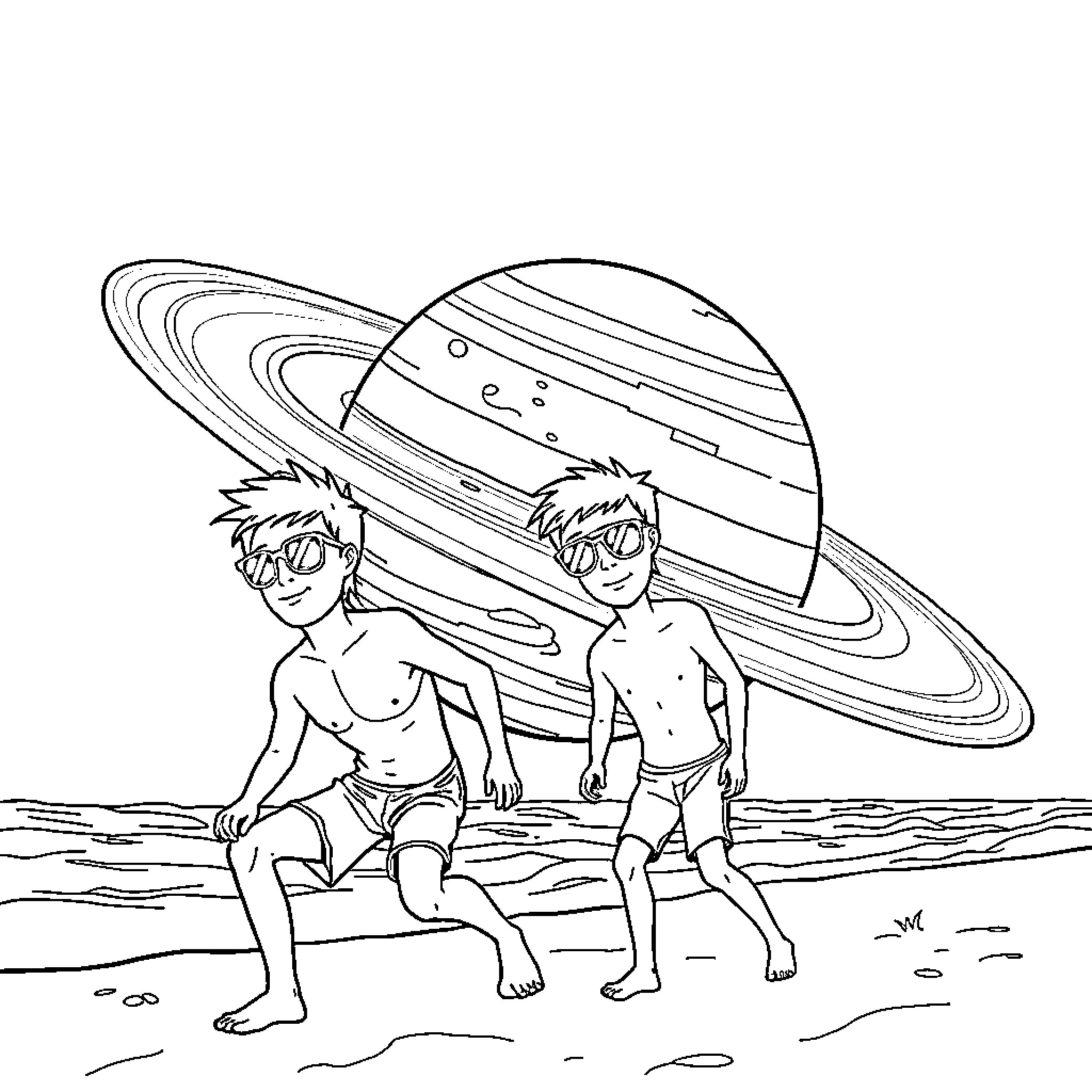 Guy playing on the beach with planet backdrop Coloring Page (free black-and-white line drawing printable PDF for all, from beginners to advanced learners, including children, teens, adults, and seniors)