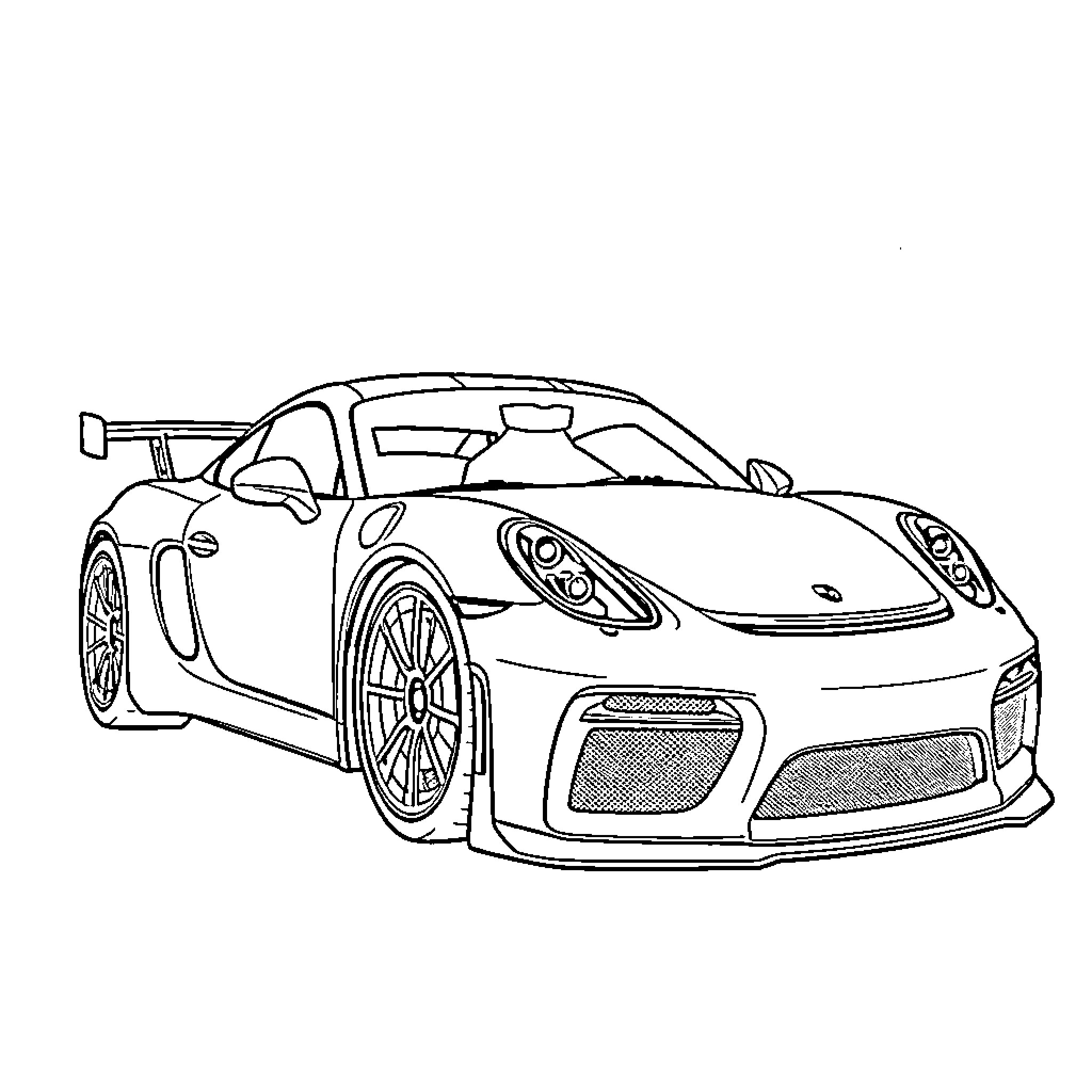 Porsche Racing Car Illustration Coloring Page (free black-and-white line drawing printable PDF for all, from beginners to advanced learners, including children, teens, adults, and seniors)