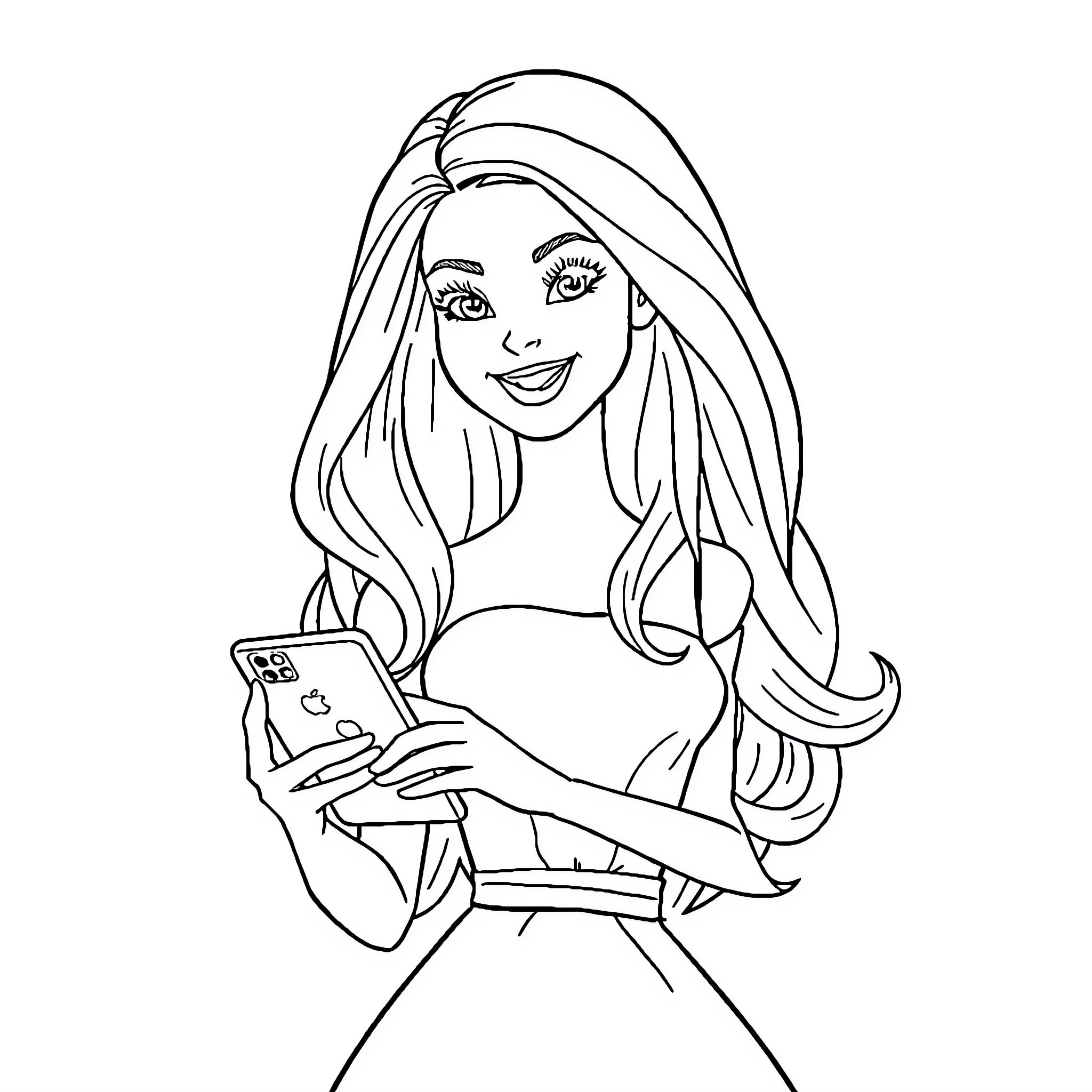 Barby using smartphone happily Coloring Page (free black-and-white line drawing printable PDF for all, from beginners to advanced learners, including children, teens, adults, and seniors)