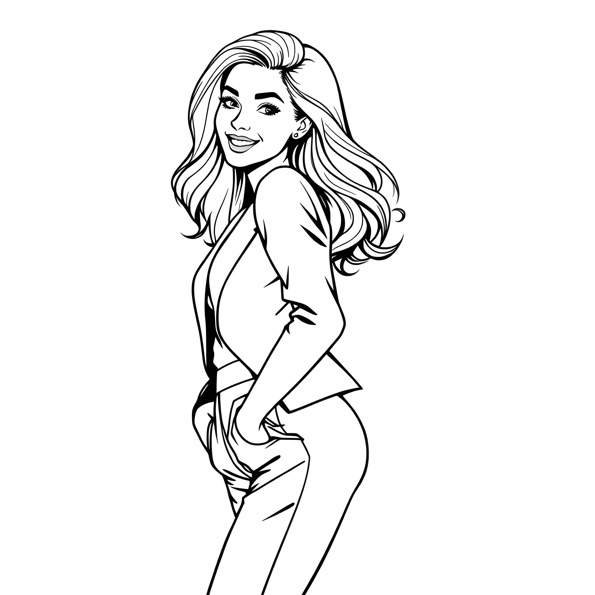 Woman in stylish outfit with wavy hair Coloring Page (free black-and-white line drawing printable PDF for all, from beginners to advanced learners, including children, teens, adults, and seniors)