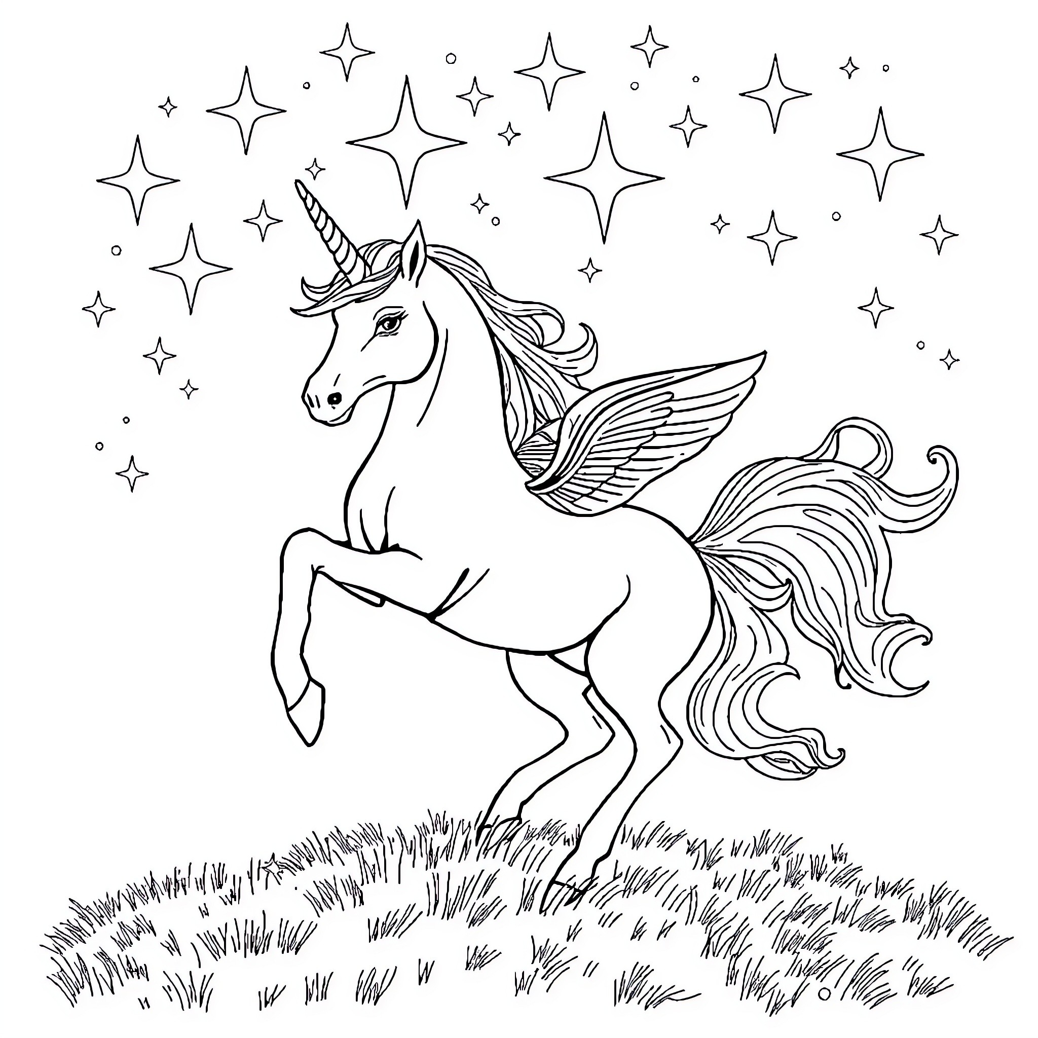Unicorn Soaring Among Starry Skies Coloring Page (free black-and-white line drawing printable PDF for all, from beginners to advanced learners, including children, teens, adults, and seniors)